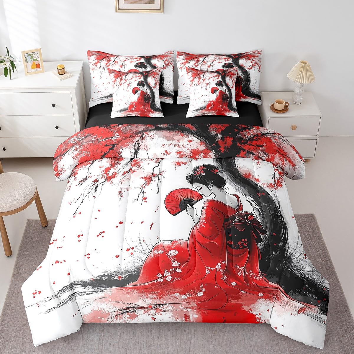 Erosebridal Aesthetic Japan Geisha Comforter Set Twin,Red Cherry Blossom Bedding Set 7Pcs for Kids Teens Adults,Japanese Woman Kimono Quilt,Tradition Ukiyoe Bed in a Bag