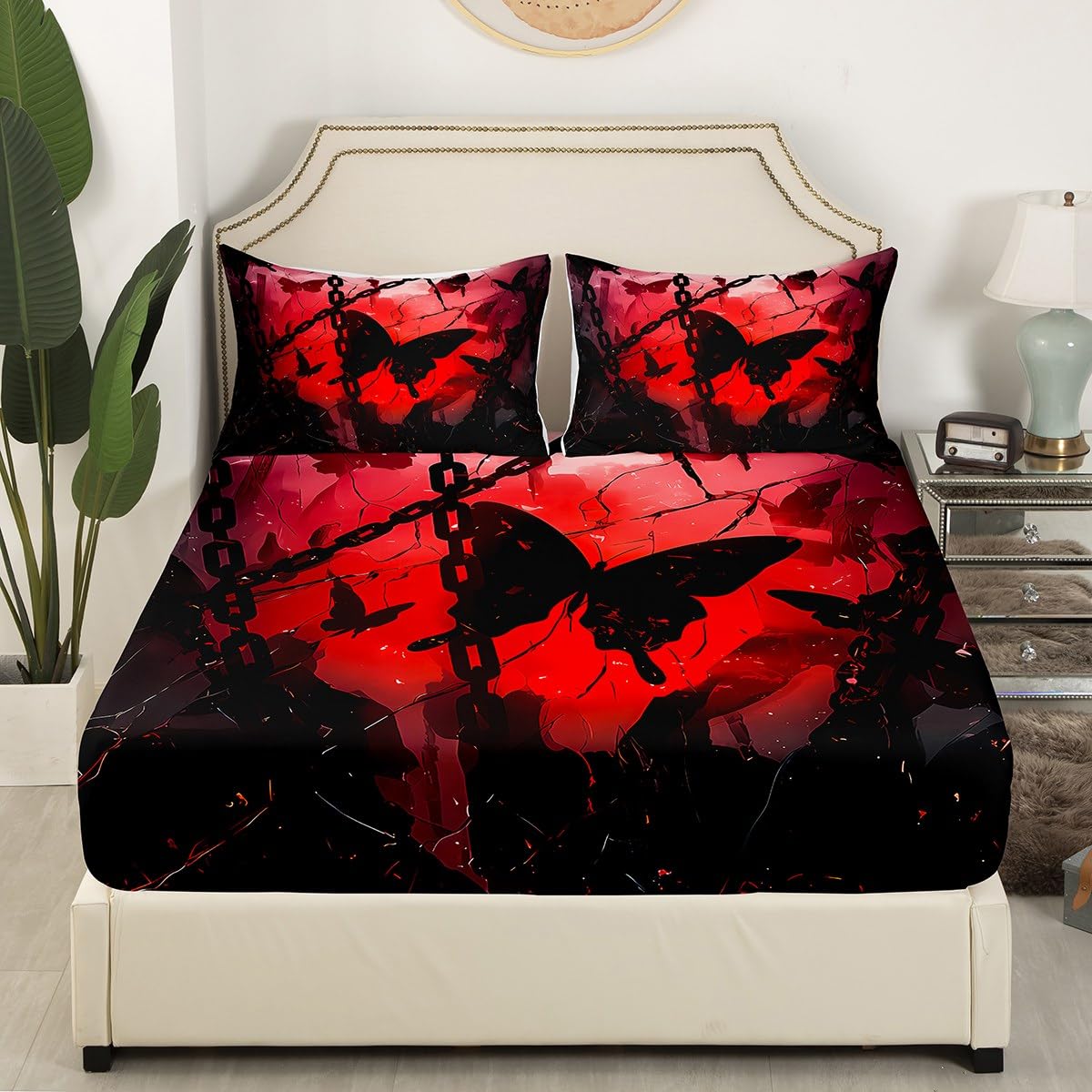 Feelyou Boys Girls Valentine's Day Bedding Set Full Size, Butterfly Bed Sheet Set Glitter Fitted Sheet Kids Romantic Teens Bed Cover Bedroom Decor Bed Set 3Pcs (No Flat Sheet)