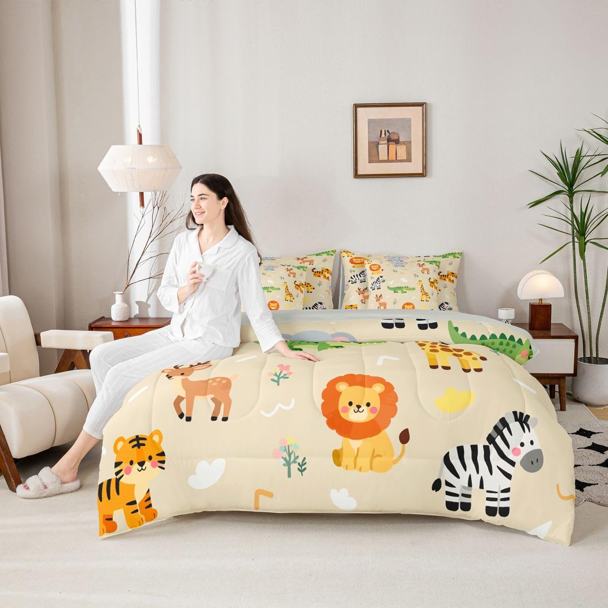 Erosebridal Kids Zoo Animal 7 Piece Comforter Set Twin for Nursery Bedroom | Cute Wild Animals Bedding Set Lion Elephant Crocodile Wildlife Sheets Safari Wild Print Quilt Natural Theme Bed Set