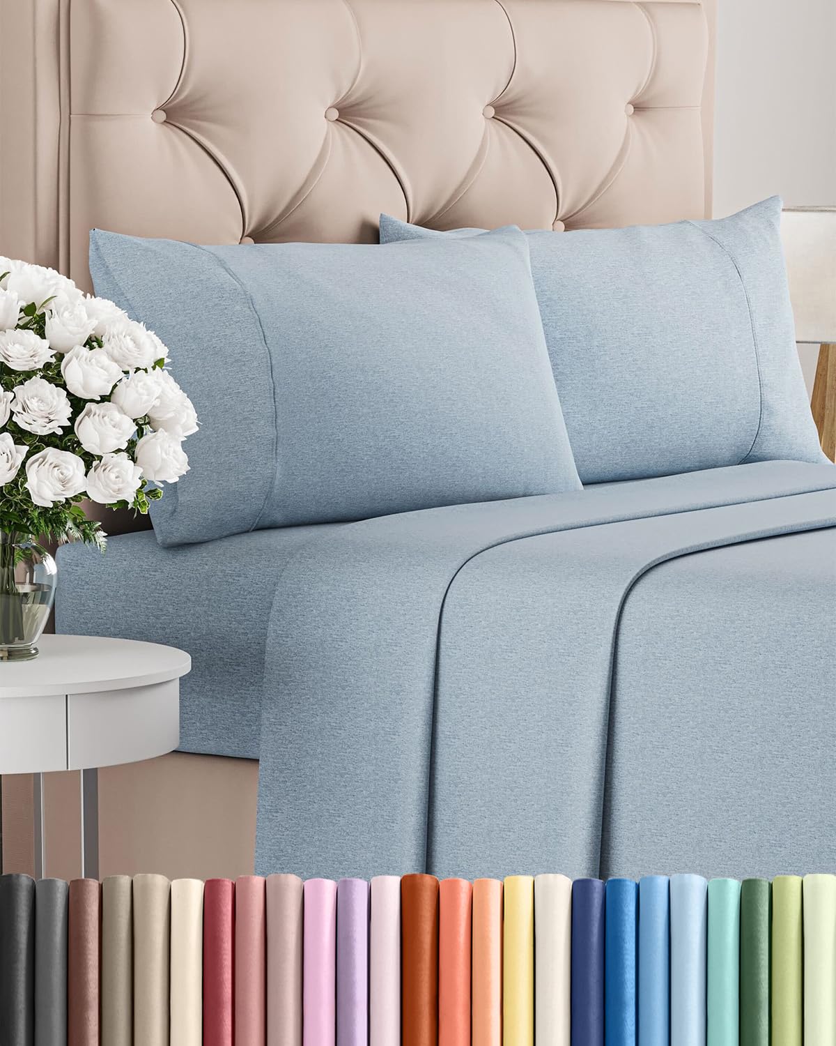 Queen Size 4 Piece Sheet Set - Comfy Breathable & Cooling Sheets - Hotel Luxury Bed Sheets for Women & Men - Deep Pockets, Easy-Fit, Soft & Wrinkle Free Sheets - Heathered Blue Oeko-Tex Bed Sheet Set