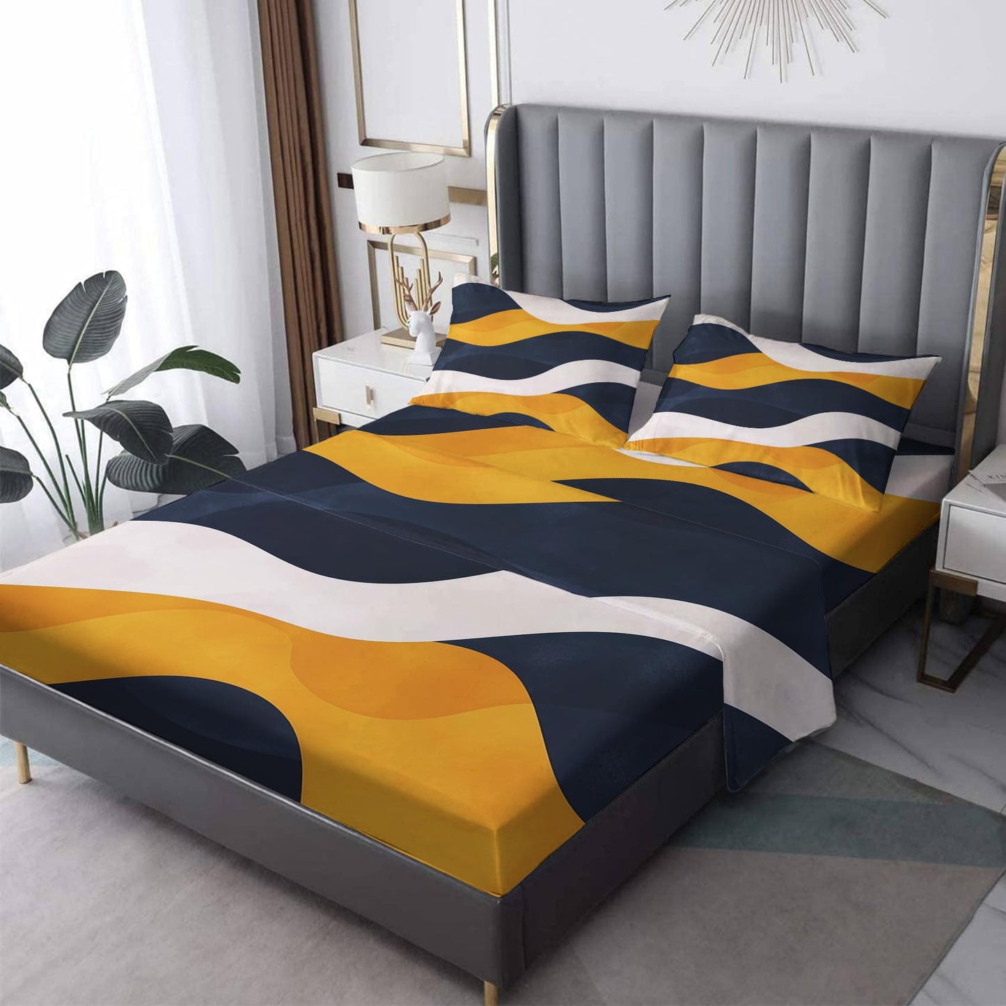 Striped Sheets California King Size, Abstract Bed Sheets, Patterned Bedding Sheets & Pillowcases 4 Piece Set - Soft Microfiber Deep Pocket Fitted Sheet & Flat Sheet & 2 Pillow Cases M&-A288