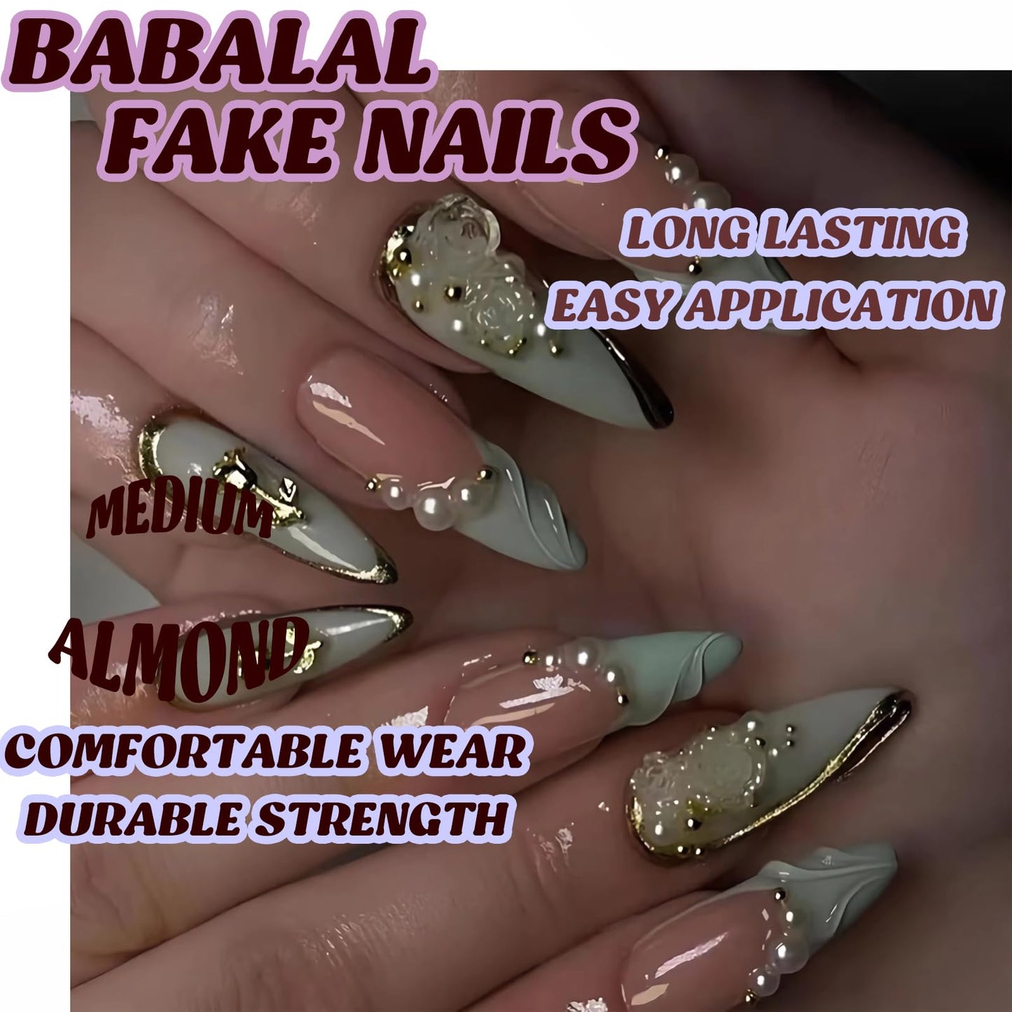 BABALAL Long Stiletto Nails Press on Green Fake Nails French Tip Glue on with Rose Charm Luxury Acrylic False Nails Flower with Design 24Pcs Almond Handmade Stick on for Women Girls