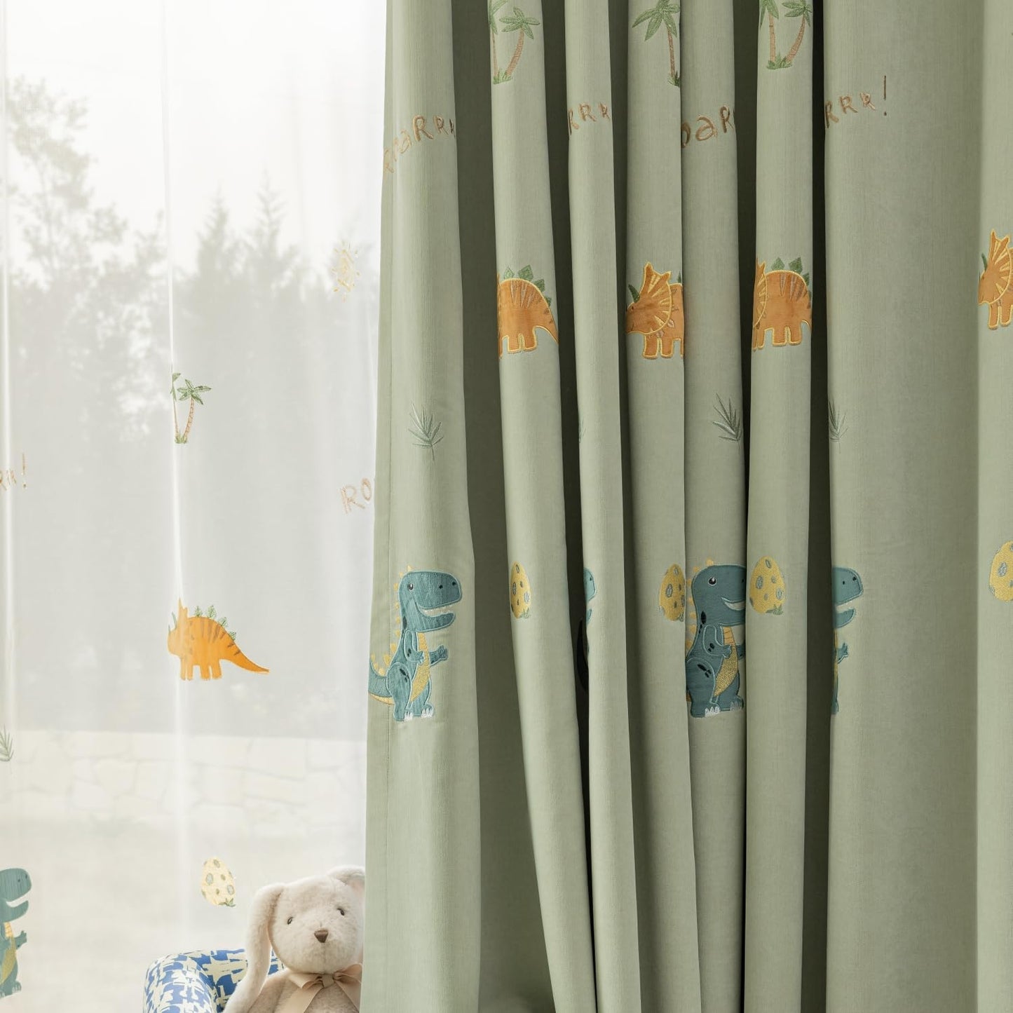 KMSG Cartoon Dinosaur Kids Curtains with Blackout Liner Embroidery Nursery Curtains for Children Boys Baby Bedroom Living Room Grommet Top Room Darkening Window Drapes 1 Panel (Green,W52 x L84 Inch)