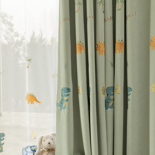 KMSG Cartoon Dinosaur Kids Curtains with Blackout Liner Embroidery Nursery Curtains for Children Boys Baby Bedroom Living Room Grommet Top Room Darkening Window Drapes 1 Panel (Green,W52 x L84 Inch)