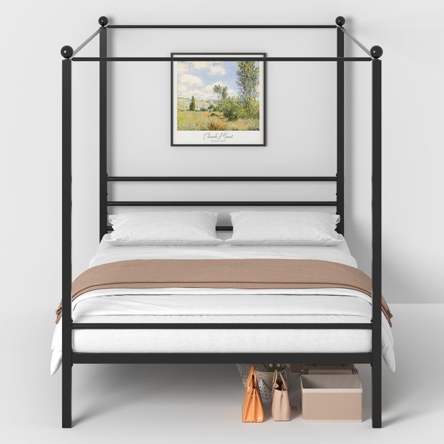 Lutown-Teen King Size Canopy Bed Frame, Four Poster Metal Canopy King Size Bed Frame, Heavy Duty Mattress Foundation with Underbed Storage, No Box Spring Needed, Easy Assembly, Black