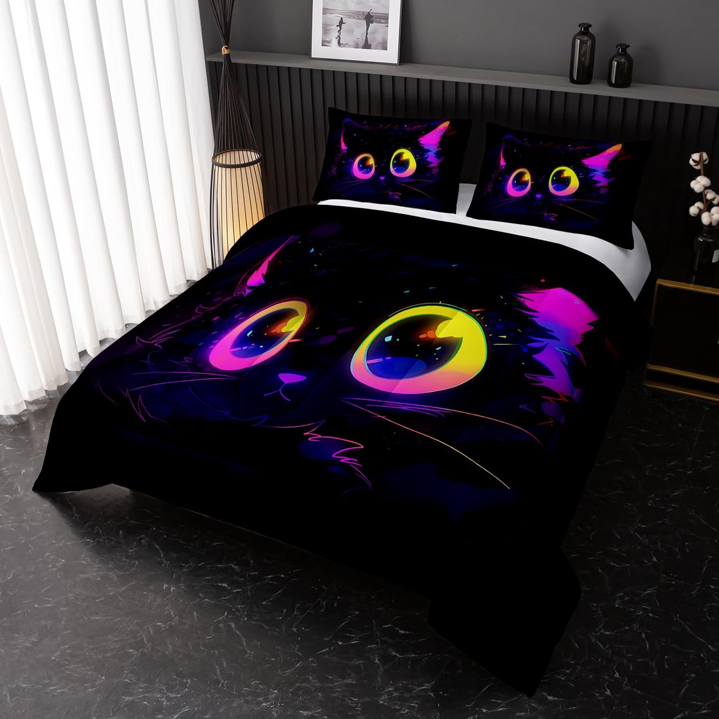 Nttopship Cute Cat Kids Comforter Set Twin Size 3pcs Black in Dark 3D Digital Animals Printed Pattern Comforter Set for Kids Boys Girls Adults Animal Print Room Decor with 2 Pillowcases