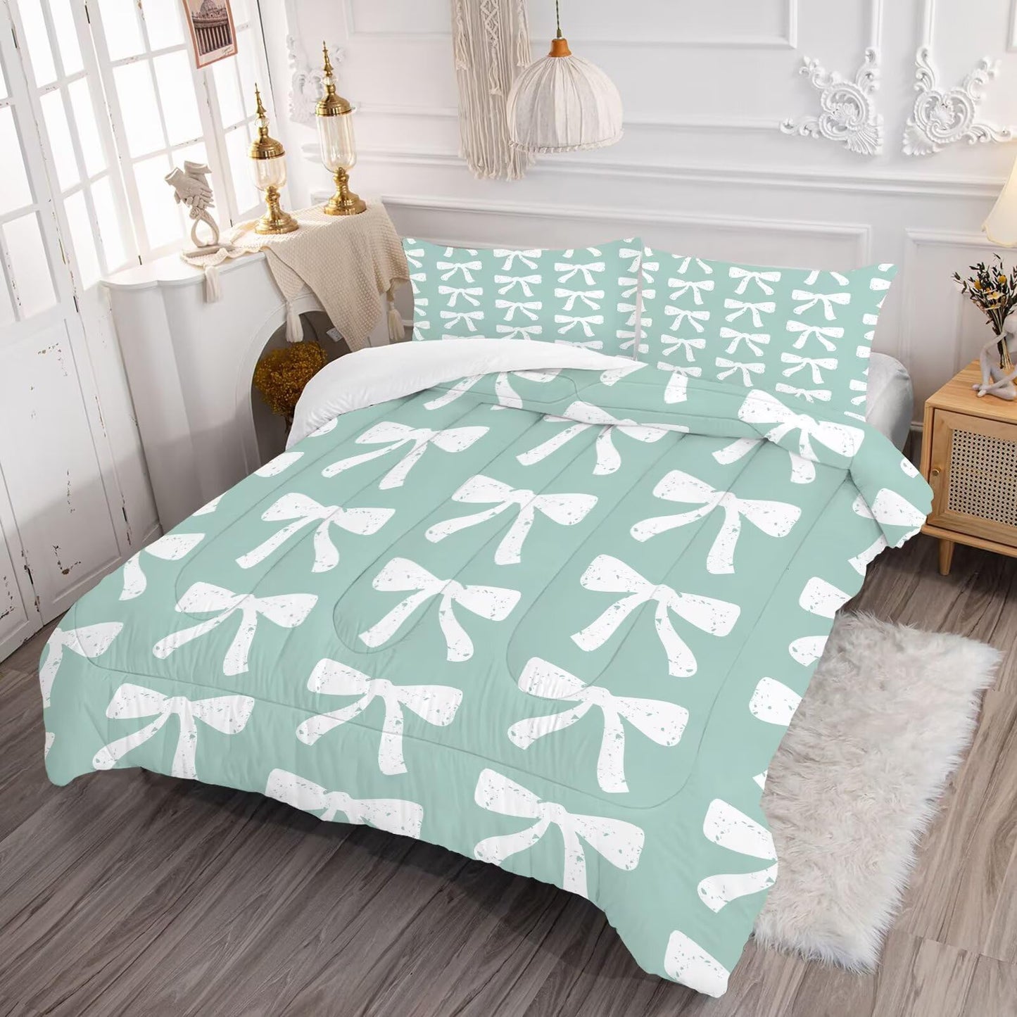 DJNEAR Green Bow Comforter Set Twin Size Cute Girls Bedding Sets for Kids Teens Women Bedroom Kawaii Bowknot Quilt Room Decor 1 Comforter 1 Pillowcase