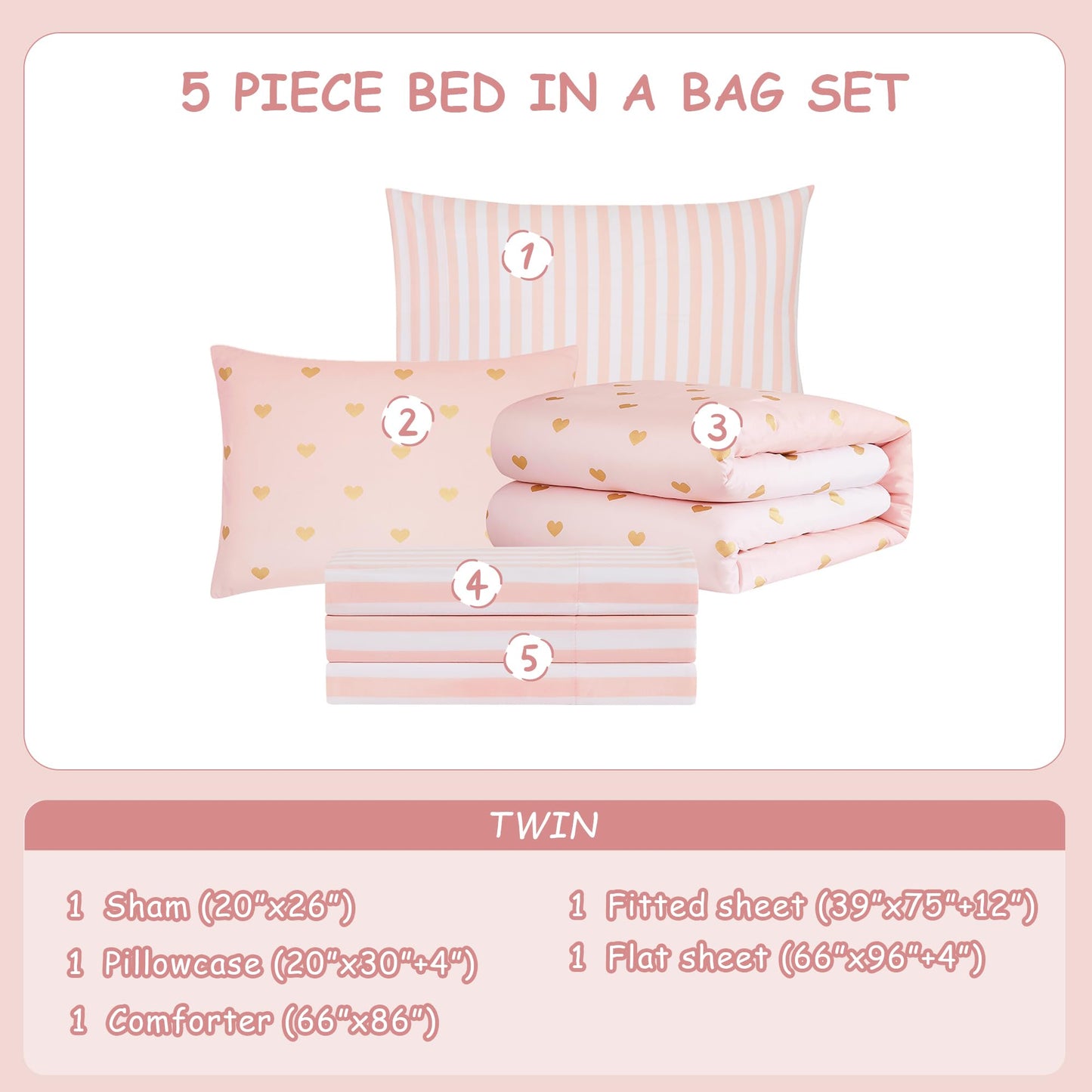 Wink Deer Twin Comforter Set with Sheets for Girls-5 Pieces Twin Bedding Sets with Pink White Gradient Ombre Comforter, Sheets, Pillowcase & Sham for Kids (Gold Heart, 66" X 86")