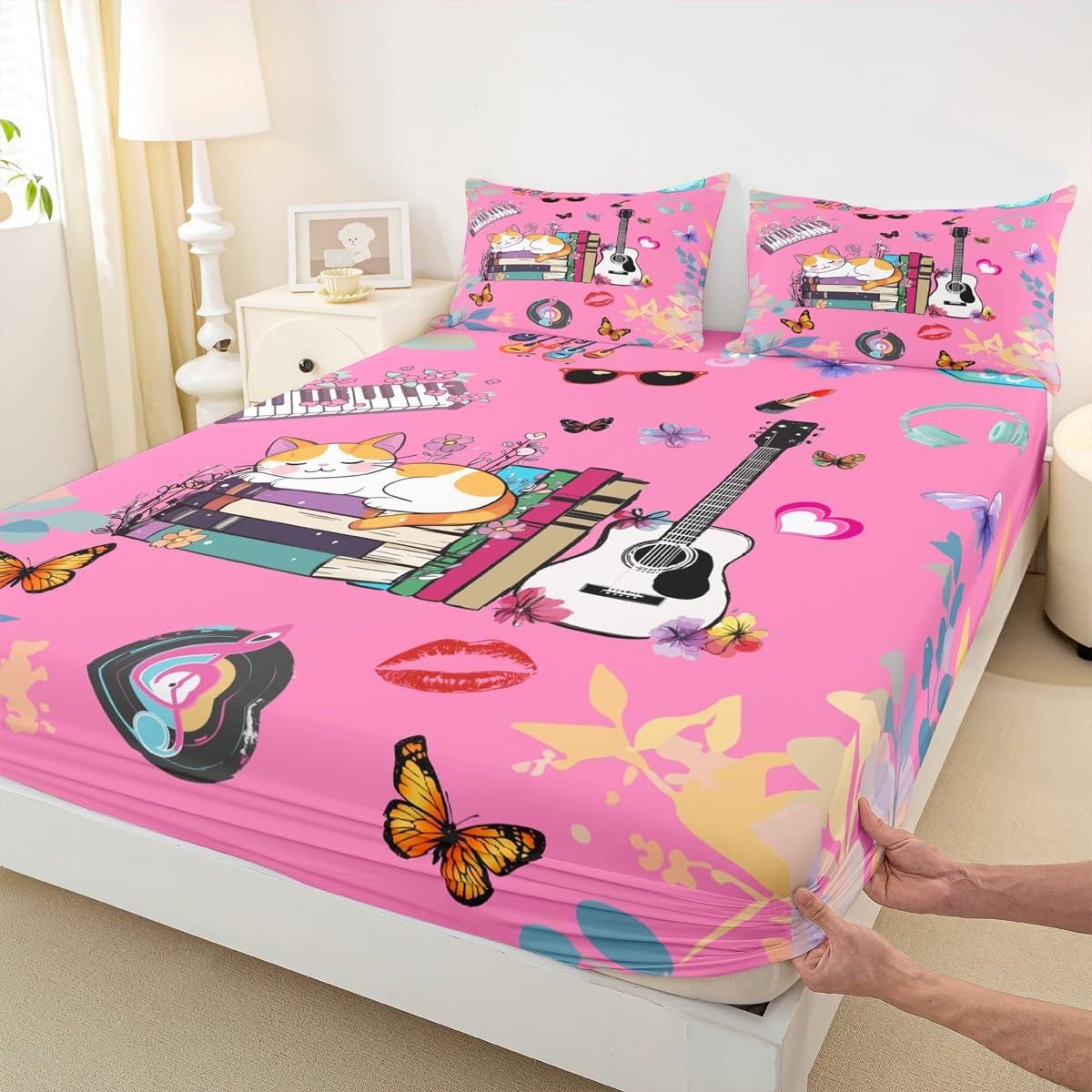 Erosebridal Music Themed Bed Sheets Set King Butterfly Sheet Set Music Book Cat Sheets for Fans Modern Fashion Pink Flat Fitted Sheet Birthday Valentines Day