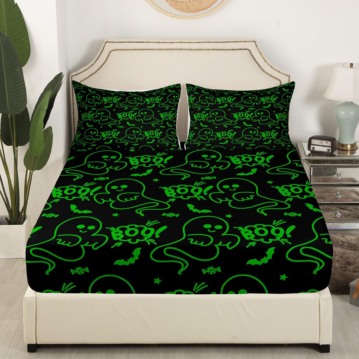Feelyou Halloween Sheets Set Cartoon Ghost Twin Size Bedding Set Decoration for Kids Boys Girls Green Fitted Sheet Ghost Festival Themed Bed Sheet Set Collection
