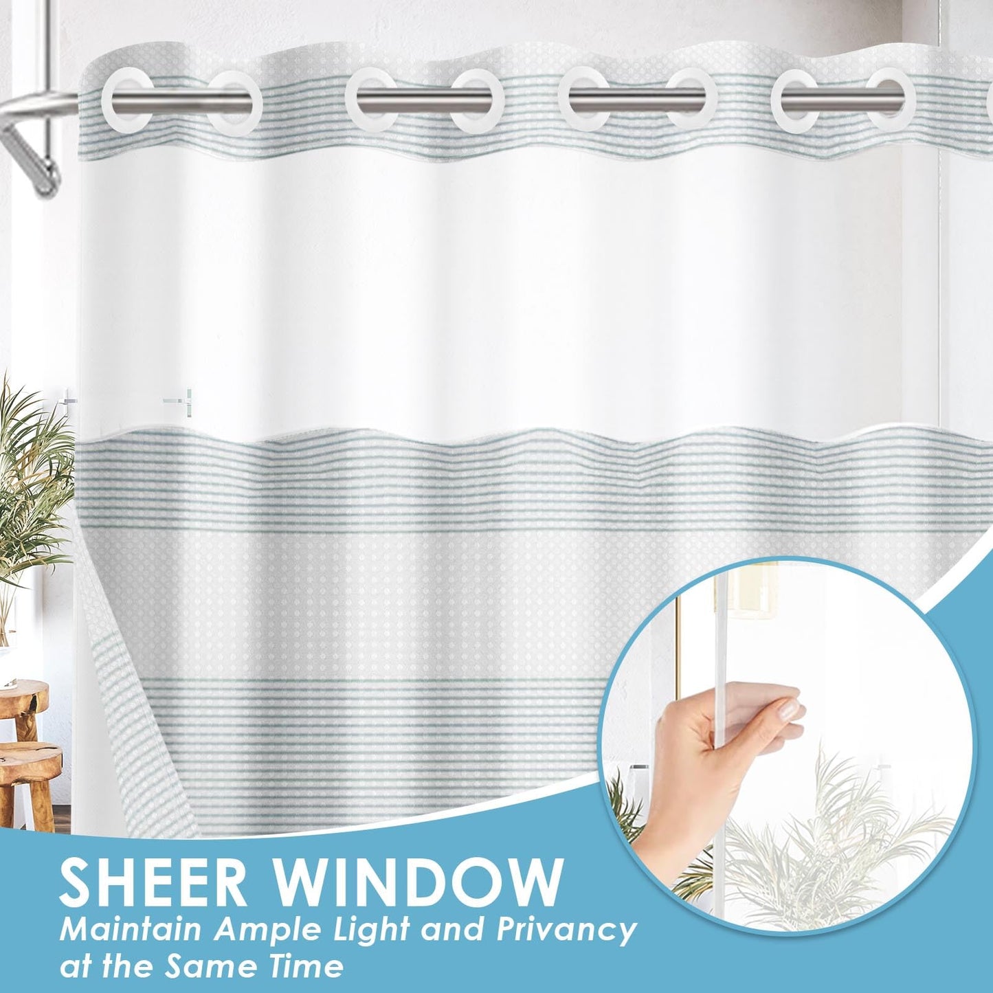 Nesphy No Hook Shower Curtain with Snap in Fabric Liner Set, Teal Striped Waffle Weave Ombre Heavy Duty Bathroom Curtain Set Sheer Mesh Top Waterproof Double Layers Hotel Style, 71x74 Inch