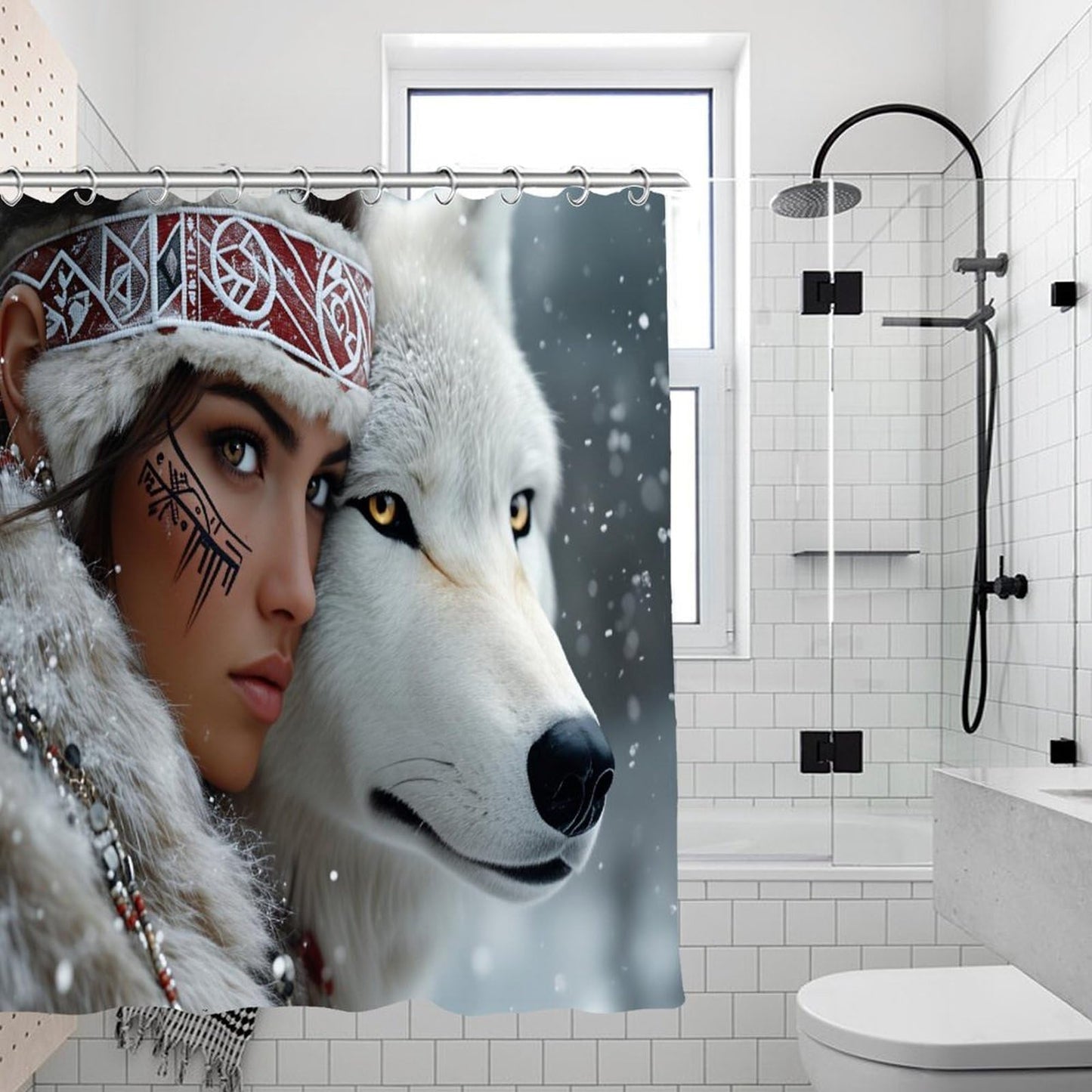 DGOGNFDNG Majestic Female Warrior & White Wolf with Glowing Eyes Shower Curtain 71x71 Inches Waterproof and Bright Fabric Shower Curtains Bathroom Toilet Accessories Decor