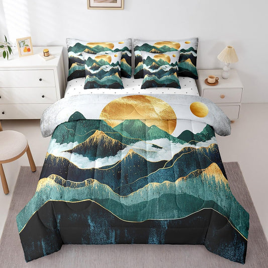 Erosebridal Smoky Mountain Comforter Set 7 Piece Bed in a Bag Twin,Gold Sun Bedding Sets Landscape Natural Scenery Art Sheet Set with Comforter,Mid Century Abstract Minimalism Bed Set