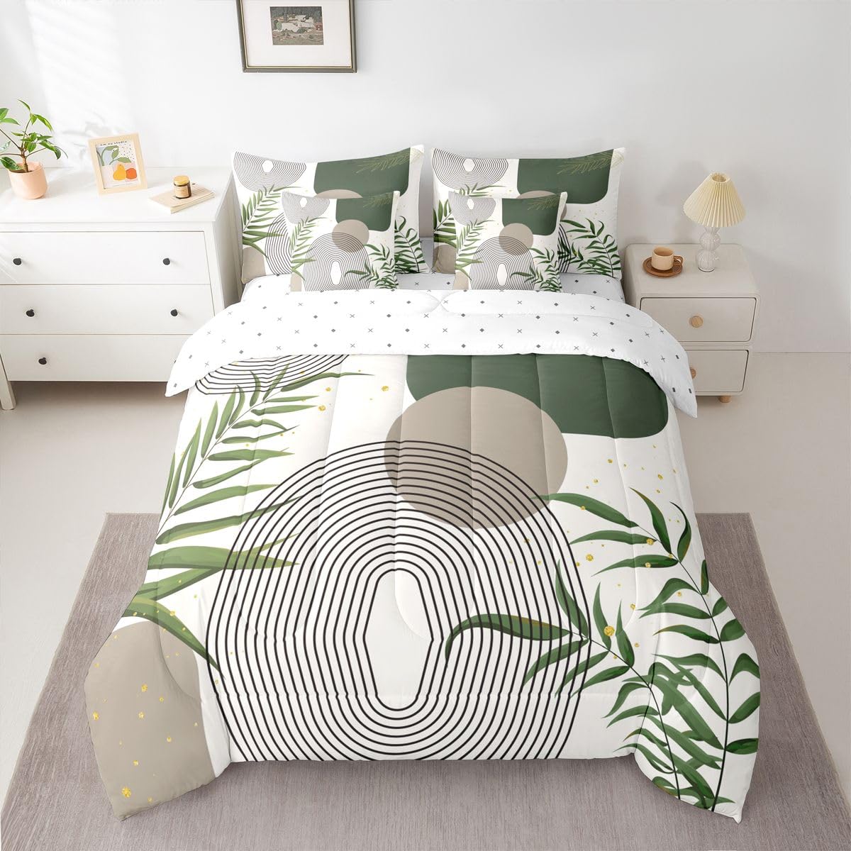Erosebridal Boho Mid Century King Size 7 Pcs Bedding Set, Abstract Geometric Comforter Set with Sheets, Modern Bohemian Minimalist Bed Sets, Grey Green Circle Contemporary Chic Bed in A Bag