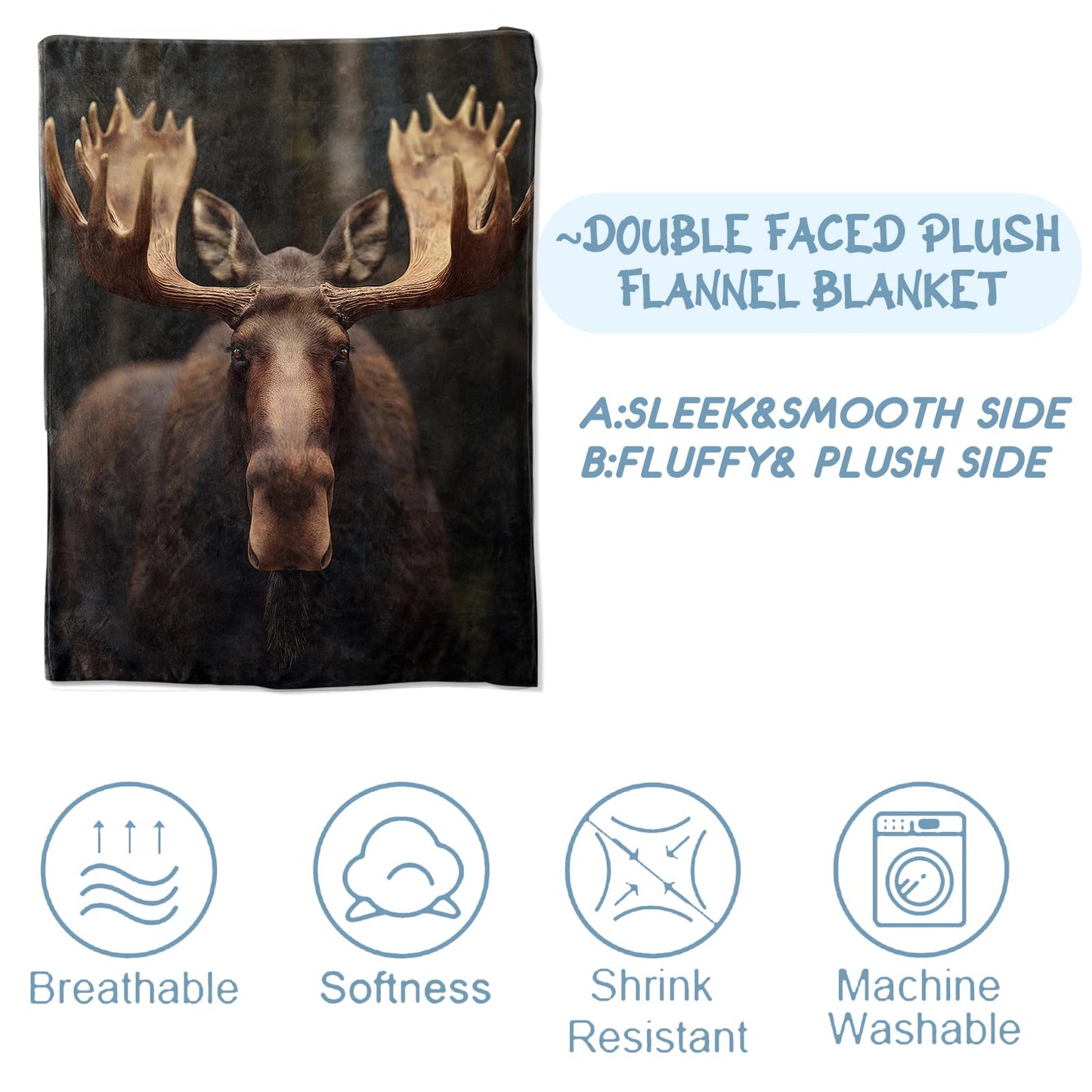 Zeleda Moose Blanket,Gifts for Wildlife Lovers,Lightweight Flannel Throw Blankets,Realistic Animal in Woodland Background Throws Home Decor,for Couch Living Room Office,60x50inch