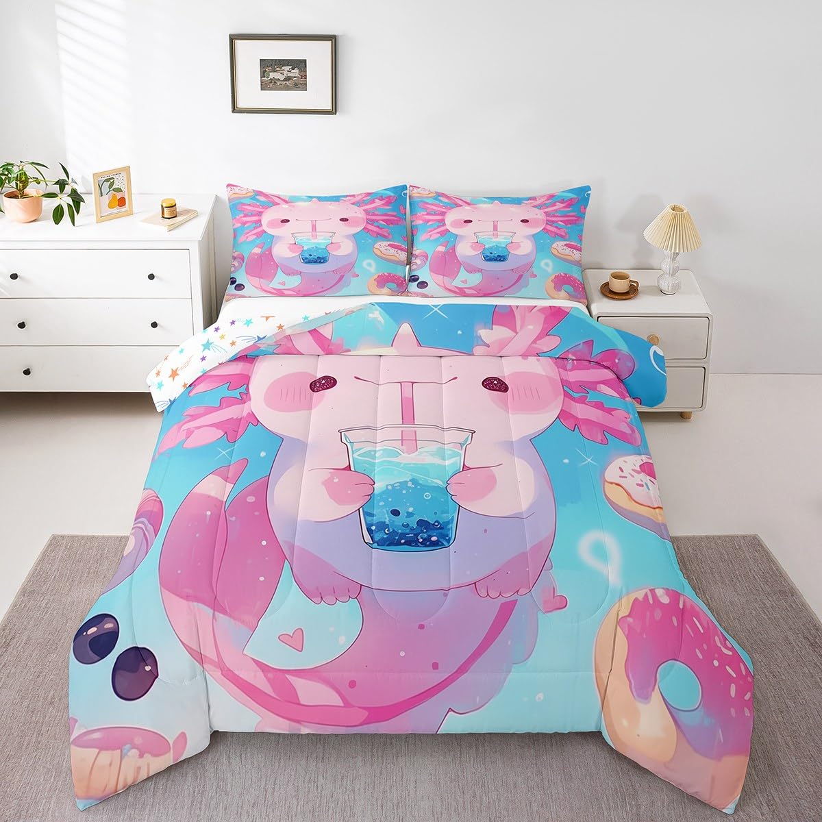 Erosebridal Kawaii Axolotl Bedding Set Queen,Pink Dessert Donut Comforter Set for Kids Girls Boys,Boba Tea Quilt Bed Set Funny Animal Bedding Comforter Sets with 2 Pillowcases Room Decor
