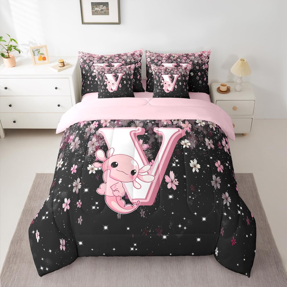 Erosebridal 7 Pieces Cute Letter Initial V Bed in A Bag Twin Size | Cute Axolotl Comforter Set with Sheets for Kids Girls Teens Pink and White Cherry Blossom Bedding Set Kawaii Axolotl Quilt Sets