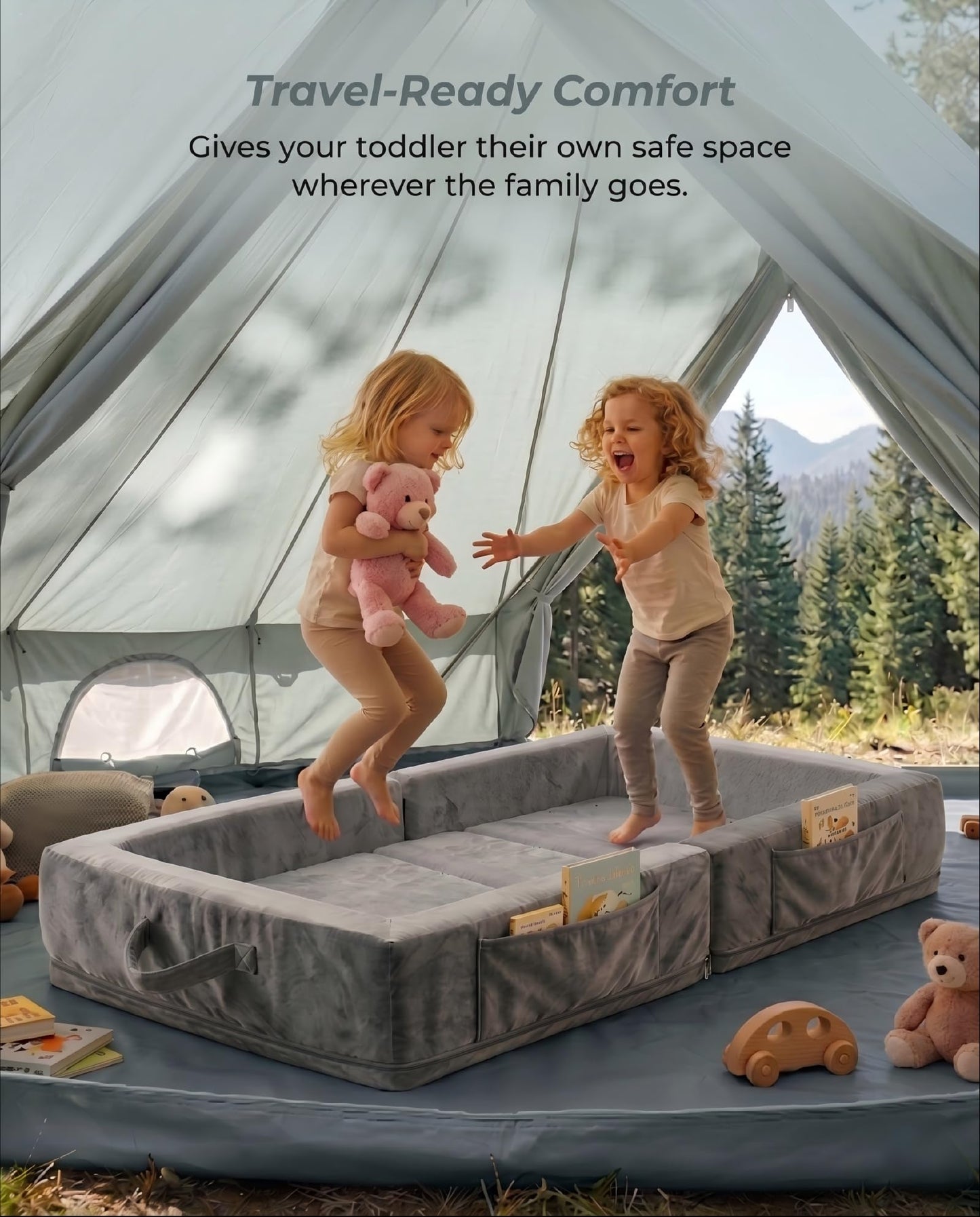 Beantown Toddler Portable Travel Bed - Foldable & Washable Floor Bed, Comfortable Mattress Used for for Camping, Hotels & Overnight Stays, No Assembly (Grey)