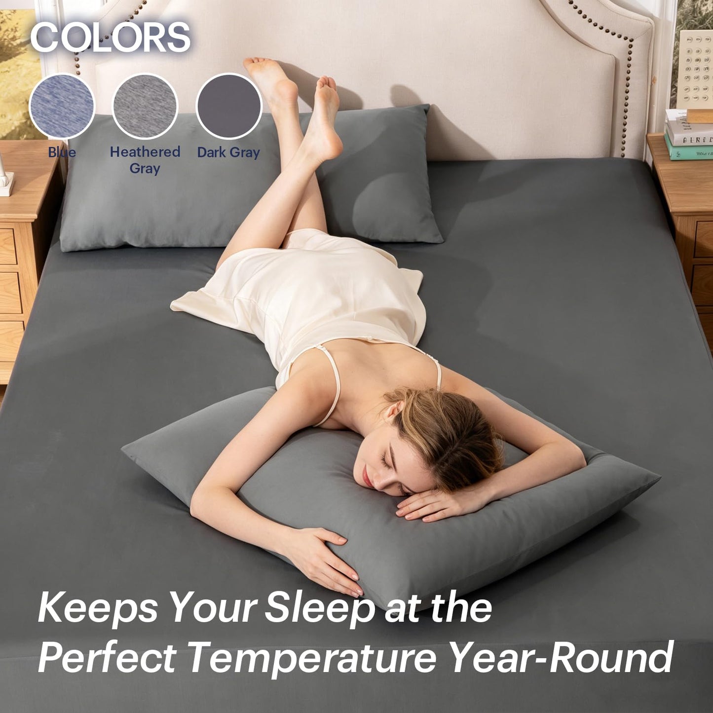 OMERAI 3 Piece Cooling King Size Sheet Set, Bed Sheets Set with 1 Fitted Sheet & 2 Pillowcases, Breathable Cool-to-Touch Fabric, Soft Smooth Deep Pockets Bed Sheets for Summer, Dark Gray
