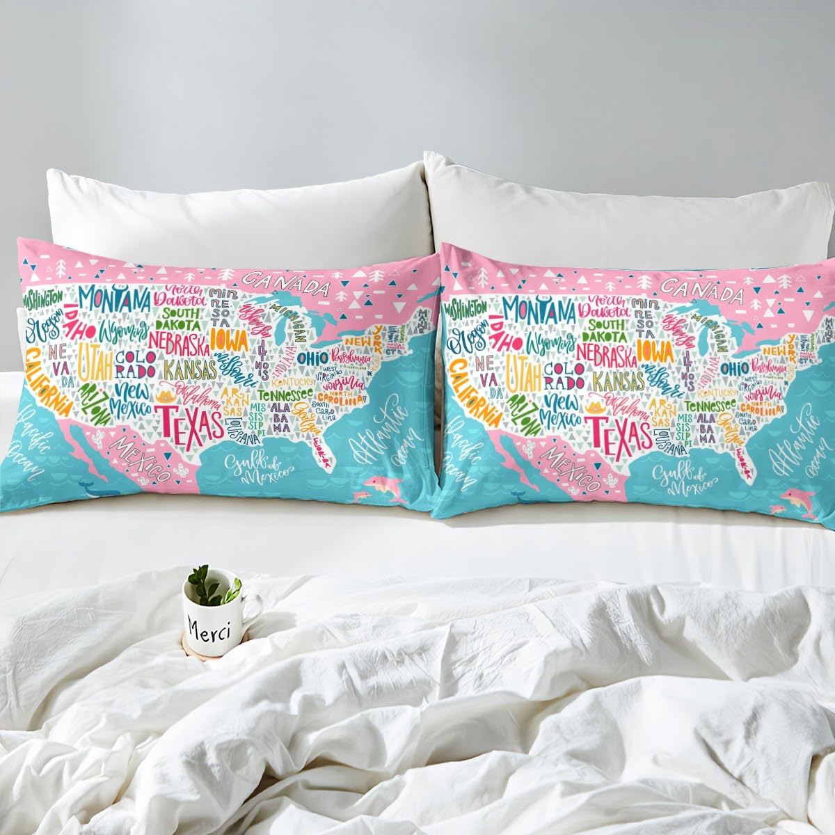 Blue Pink USA Map Fitted Sheet Twin, Geography Bed Cover Lightweight Bed Set