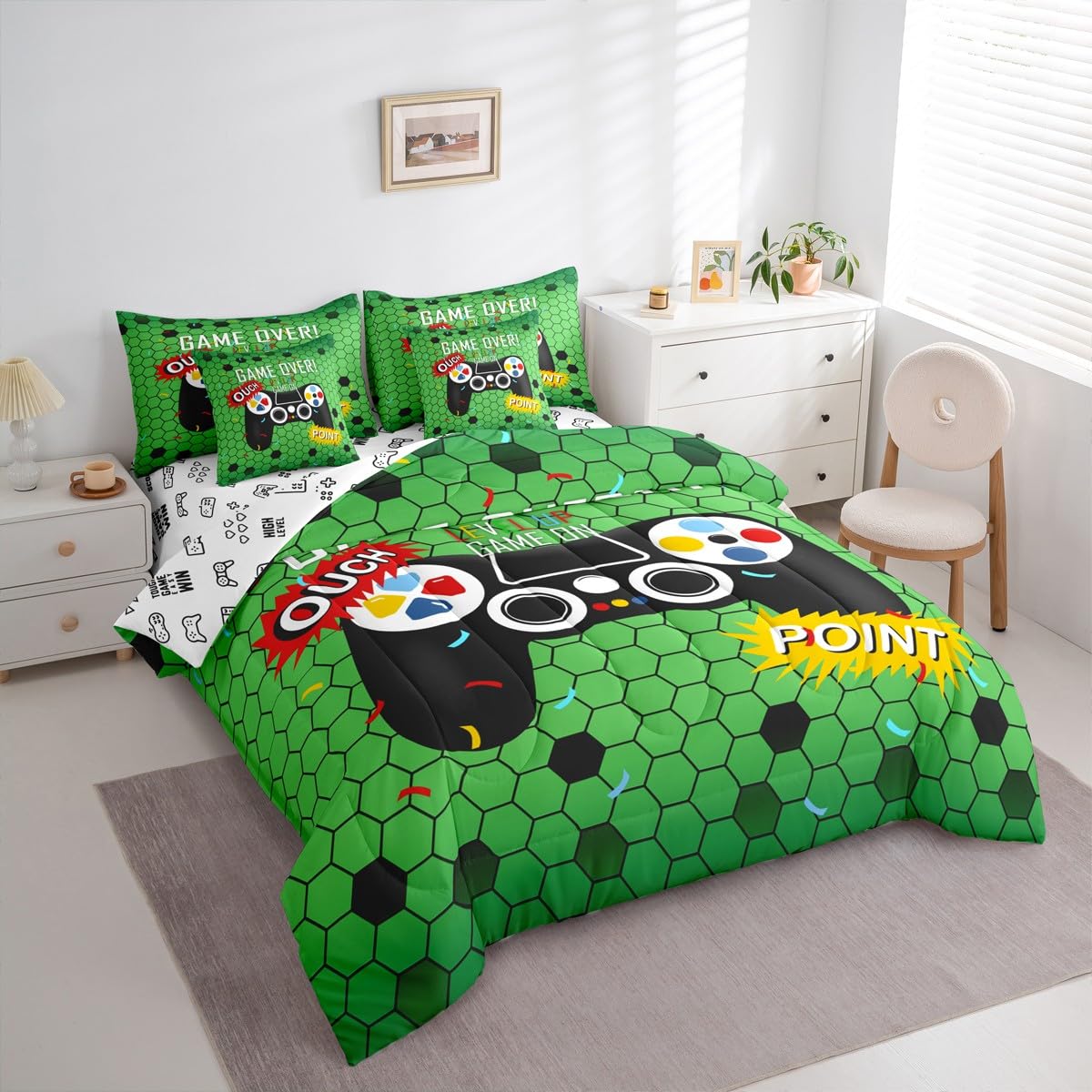 jejeloiu Gamer Comforter Set with Sheets 7 Piece Twin Size Gaming Bedding Set for Kids Boys Girls Game Room Decor Bed in a Bag Room Decor Soft Lightweight Microfiber