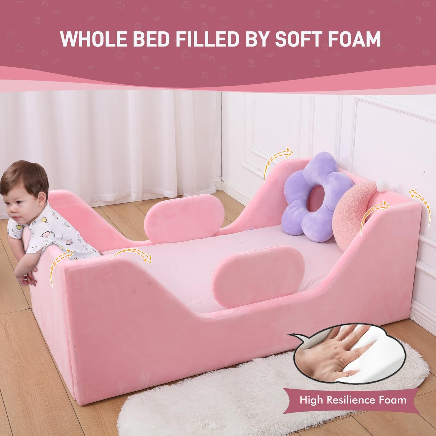 weeonekids Toddler Bed, Child Bed for Kids with Extra Safty Broad, Standard Crib Size Toddler Bed, Certified Fabric Toddler Beds,Toddler Flood Bed (Pink)
