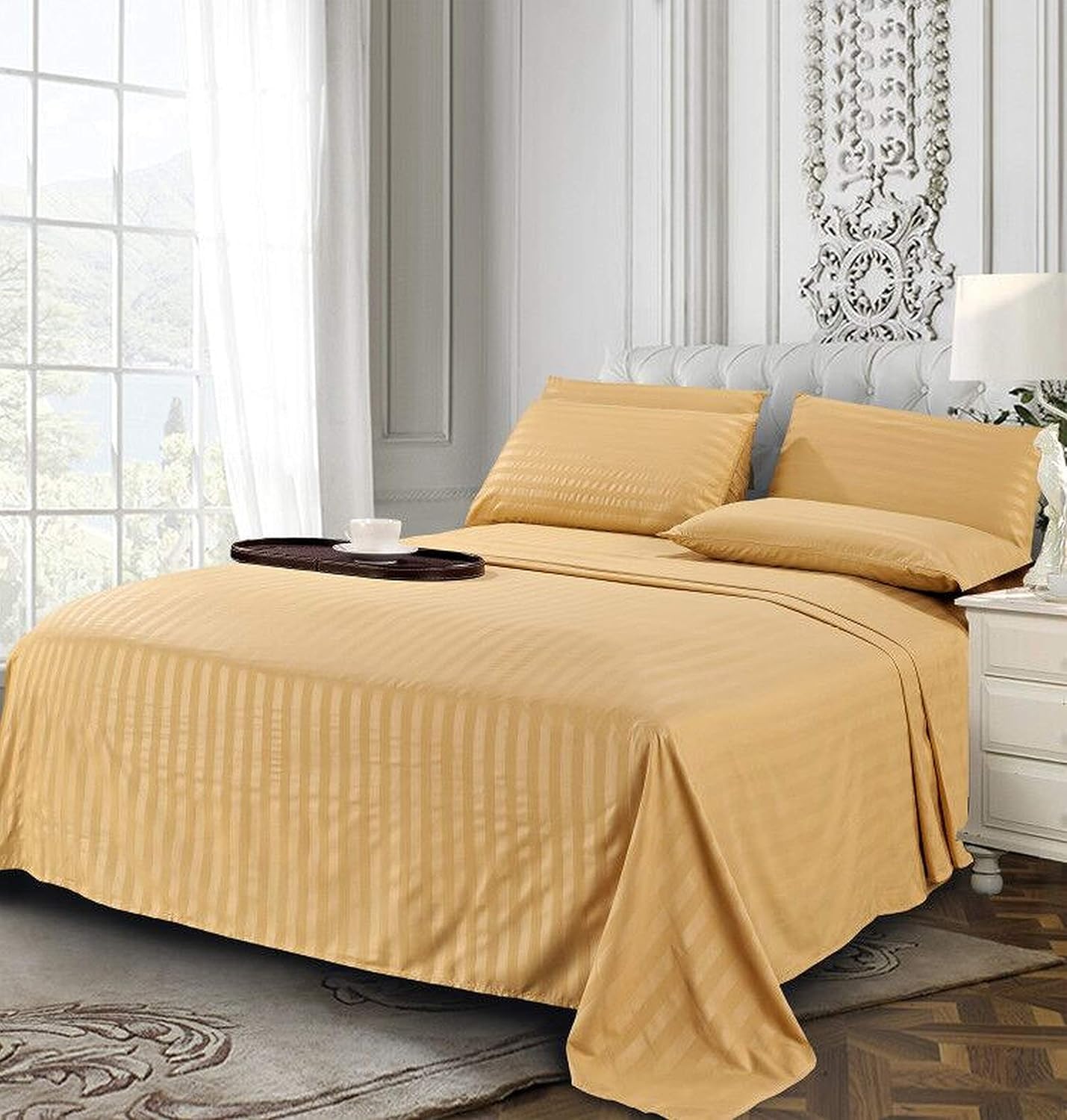 Elegant Comfort Luxury Soft Bed Sheets Dobby Stripe 1500 Premium Hotel Quality Microfiber Softness Wrinkle and Fade Resistant (4-Piece) Bedding Set, Twin XL, Stripe Medallion Gold
