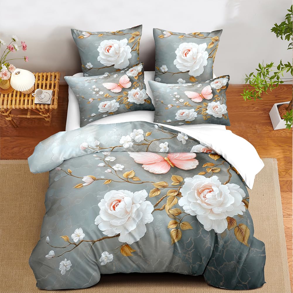 CCoutueChen Floral Butterfly Comforter Set Queen White Flower Pink Butterflies on Gray Marble Bedding Set for Women Men Modern Aesthetic Bedding Soft Lightweight 90x90 Comforter with 2 Pillowcases