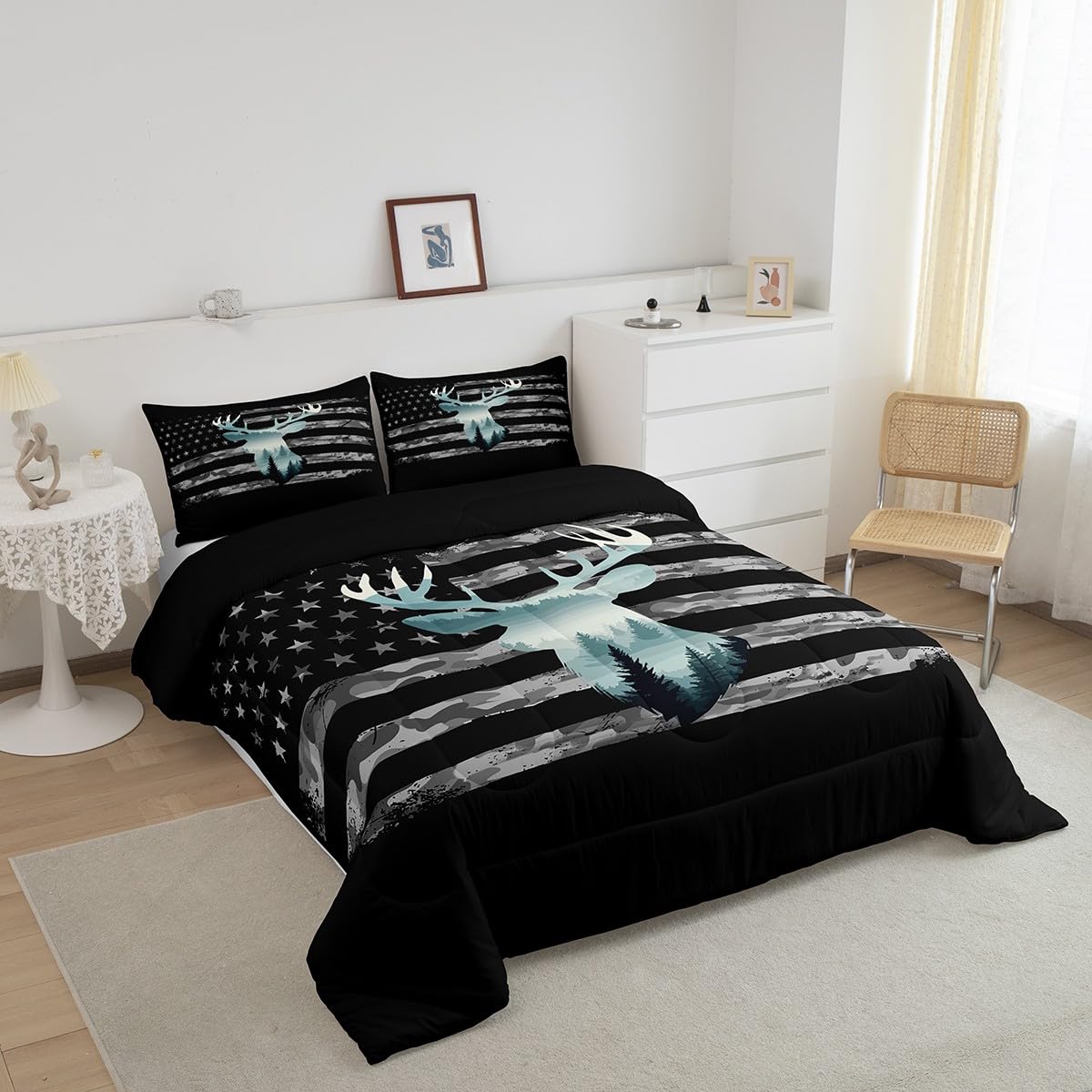 Feelyou Camo Hunting Bedding Set - Twin Size, Forest Smoky Deer Comforter, American Flag Duvet Set with 1 Pillow Case