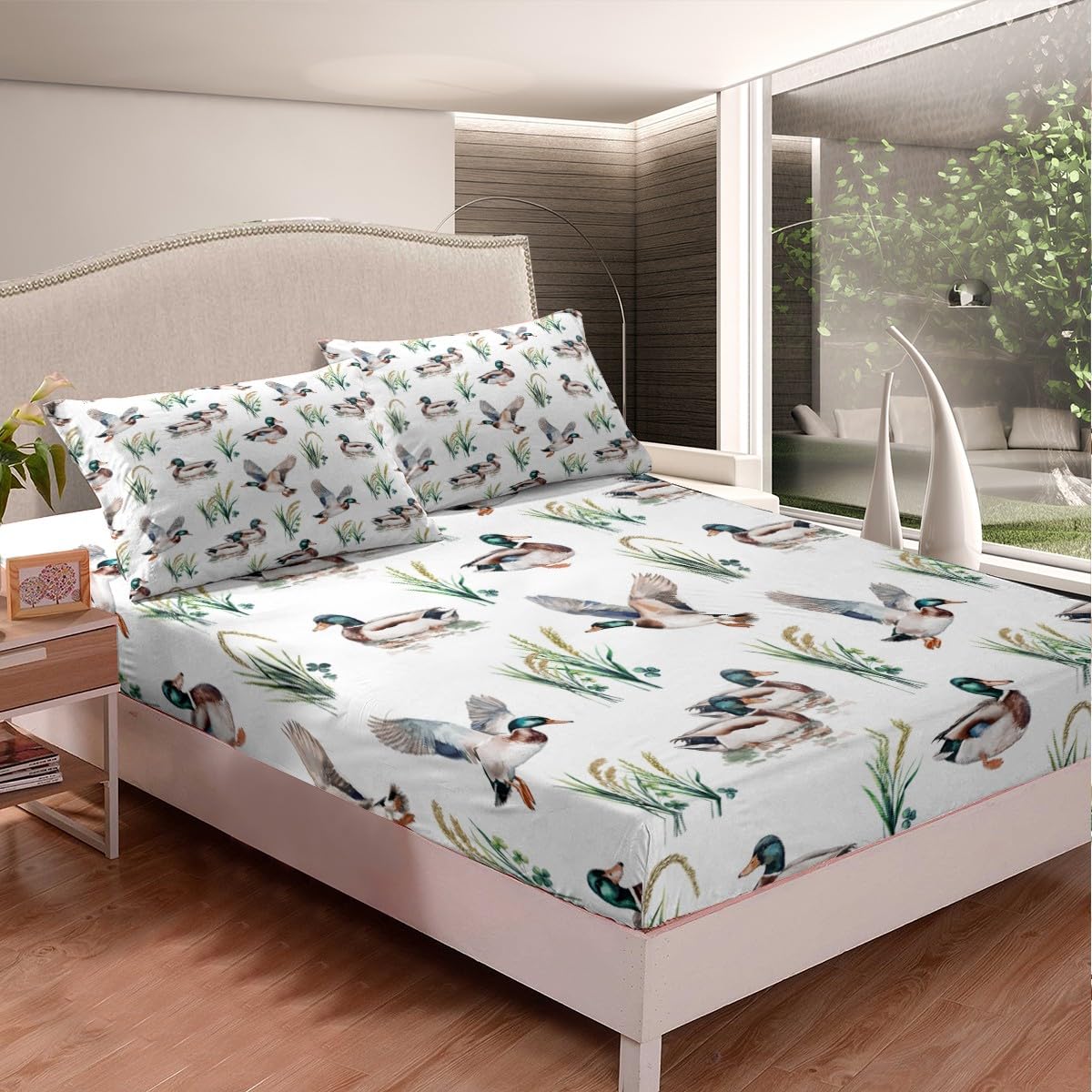 Feelyou Mallard Duck Bedding Set Twin Size for Boys Teens Kids Duck Hunting Bed Sheets Wild Animal Hunter Botanical Fitted Sheet Set Home Decor