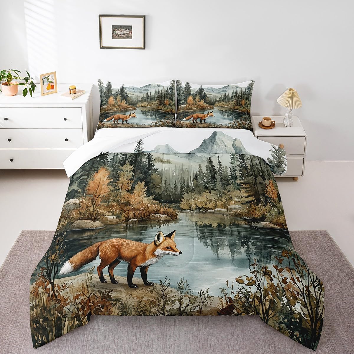Fox Woodland Bedding Set Full Size,Woodland Pine Tree Comforter Set for Kids Girls Boys Adults Room Decor,Lake Mountain Wildlife Duvet Insert 3Pcs,Nature Botanical Soft Quilt Set,2 Pillowcases
