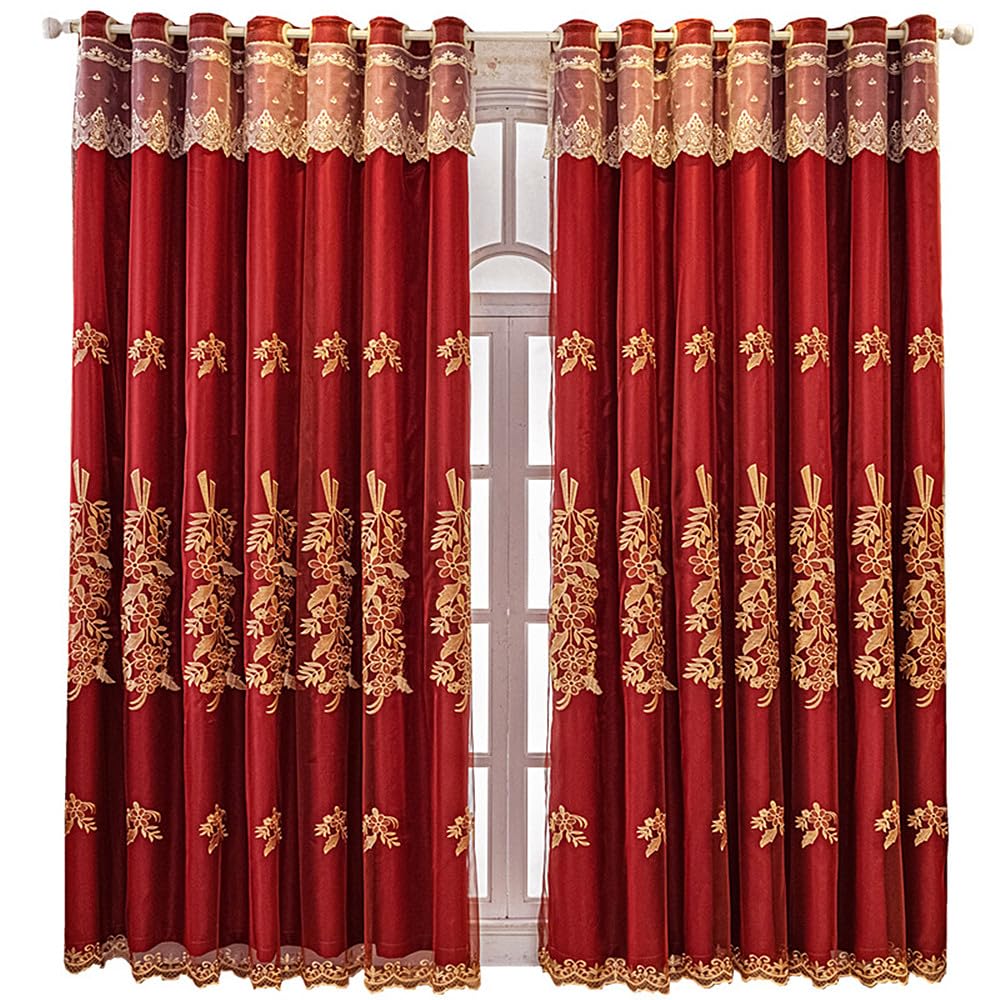 Amidoudou 1 Pair European Double Layer Curtains with Valance for Living Room Bedroom Red Luxury Embroidered Curtains (Red,51x90 Inch)