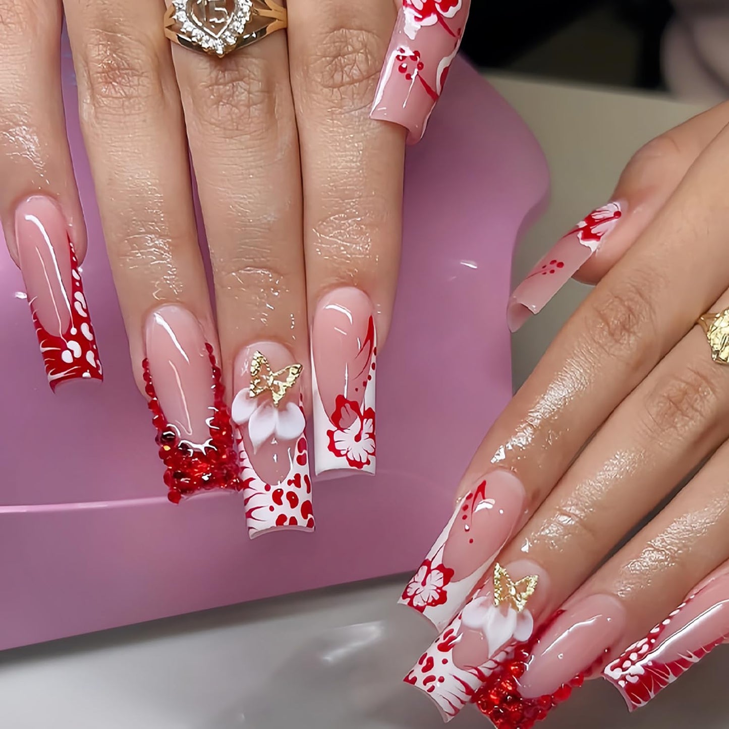 24 Red French Tip Press on Nails Long Coffin Fake Nails 3D Butterfly Rhinestones Glitter Designs Full Cover Hibiscus Flower Stick on Nails Spring Summer False Nails for Women Manicure Decorations DIY