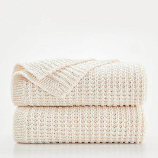Douceur Cream Throw Blanket for Couch, Soft Chunky Cable Knit Throw Blanket, Classic Fisherman's Rib Stitch Pattern Throw for Living Room,50"X60"