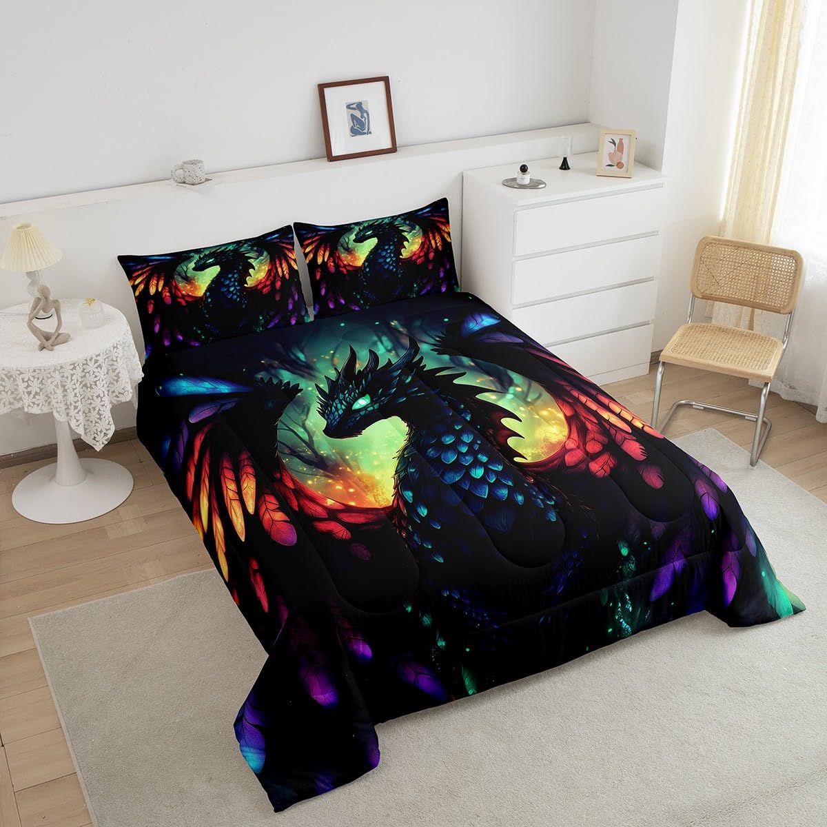 jejeloiu Western Dragon Comforter Set Dragon Scales Bedding Set Full Size for Kids Boys Girls Teens Black Reptile Skin 3D Duvet Set with 2 Pillow Case Wild Animals Comforter