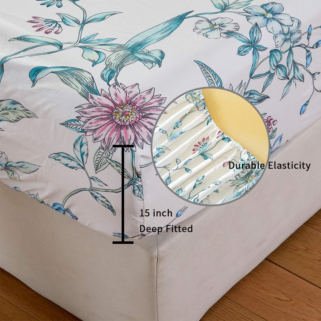 JSD White Blue Floral Printed Sheet Set Queen Size, 4 Piece Botanical Microfiber Sheets Extra Deep Pocket