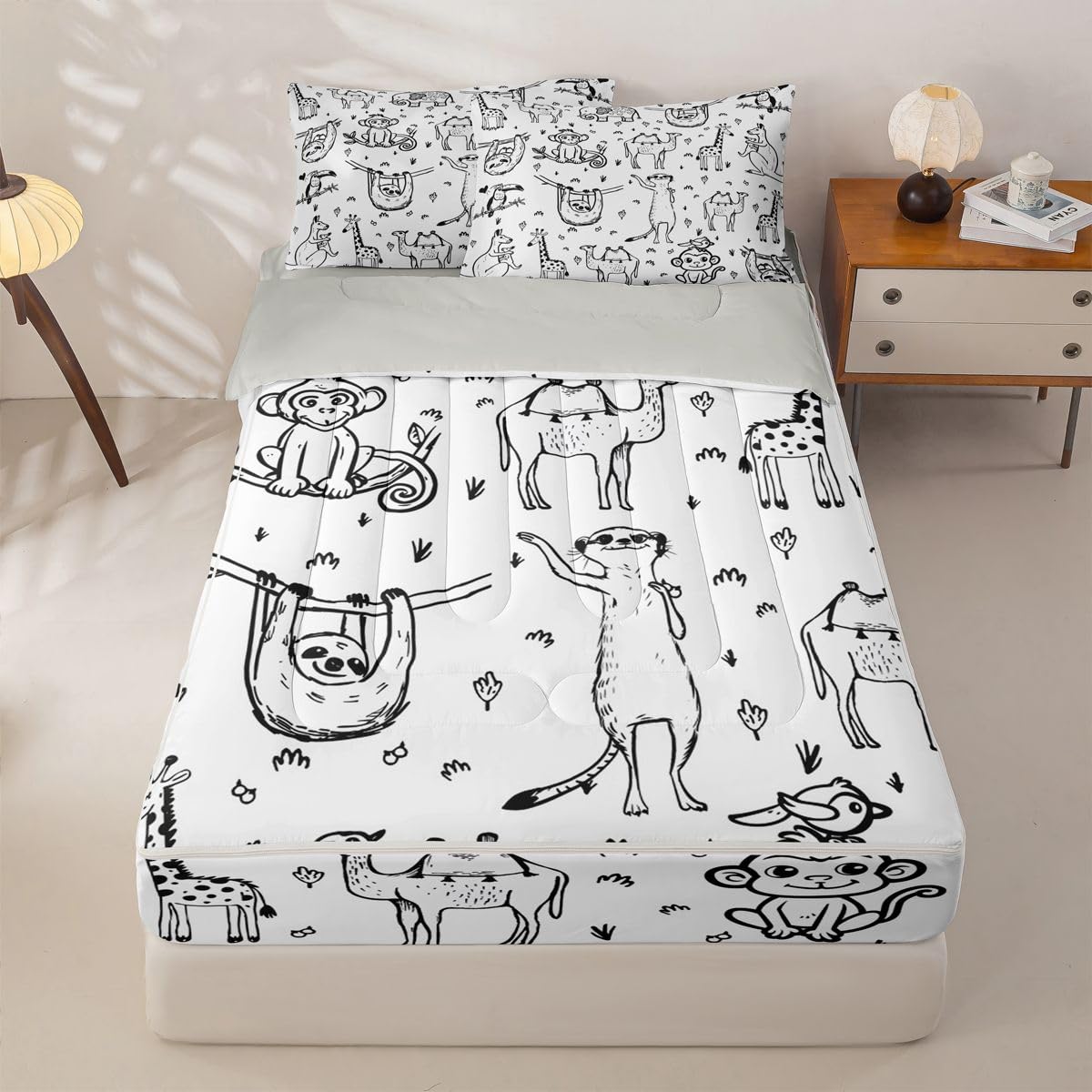 Erosebridal Cartoon Animals Zippered Bedding Set Twin Sketch Style Sloth Monkey Wildlife Comforter Set Cute Zoo Animals Bed in a Bag Giraffe Wildlife Zipper Quilt Fitted Sheet,2 Pillowcases