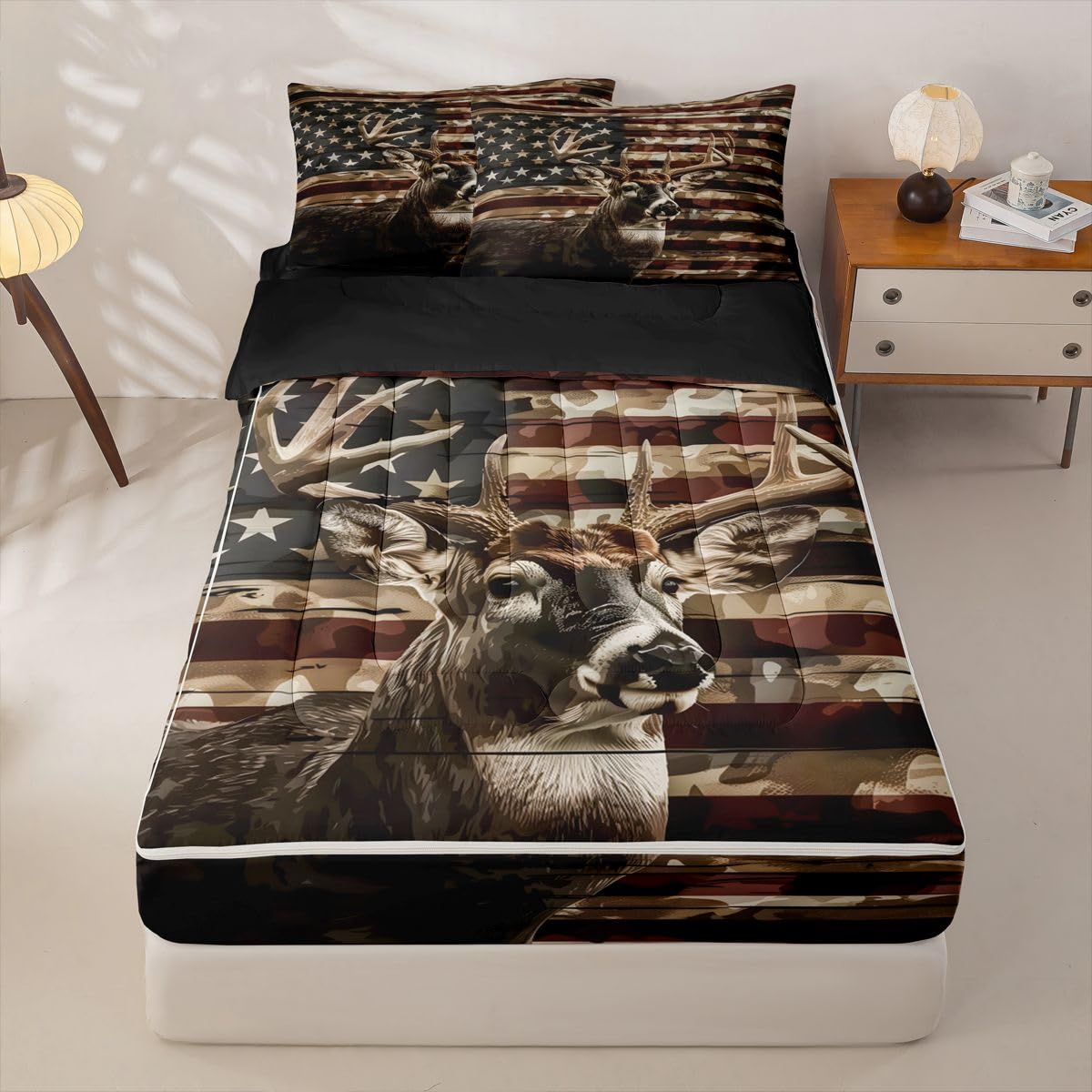 Feelyou American Flag Comforter Set Full Deer Hunting Zipper Bedding Set for Kids Boys Girls Nature Wildlife Bed in a Bag Microfiber with 2 Pillow Cases
