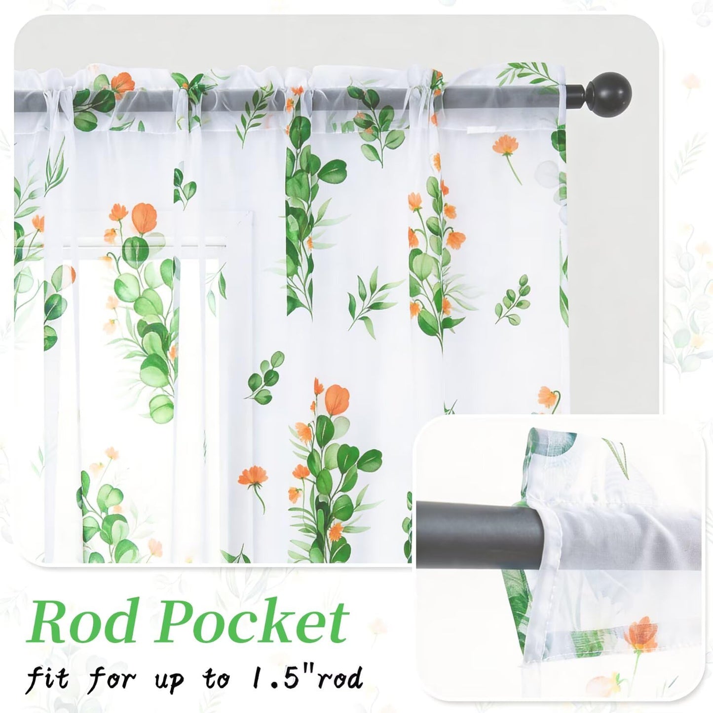 youleyar Floral Sheer Curtains for Living Room 84 Inches Long 2 Panels White Semi-Sheer Curtain with Green Floral Printed Pattern Summer/Spring Rod Pocket Voile Drapes for Bedroom, 52" W x 84" L