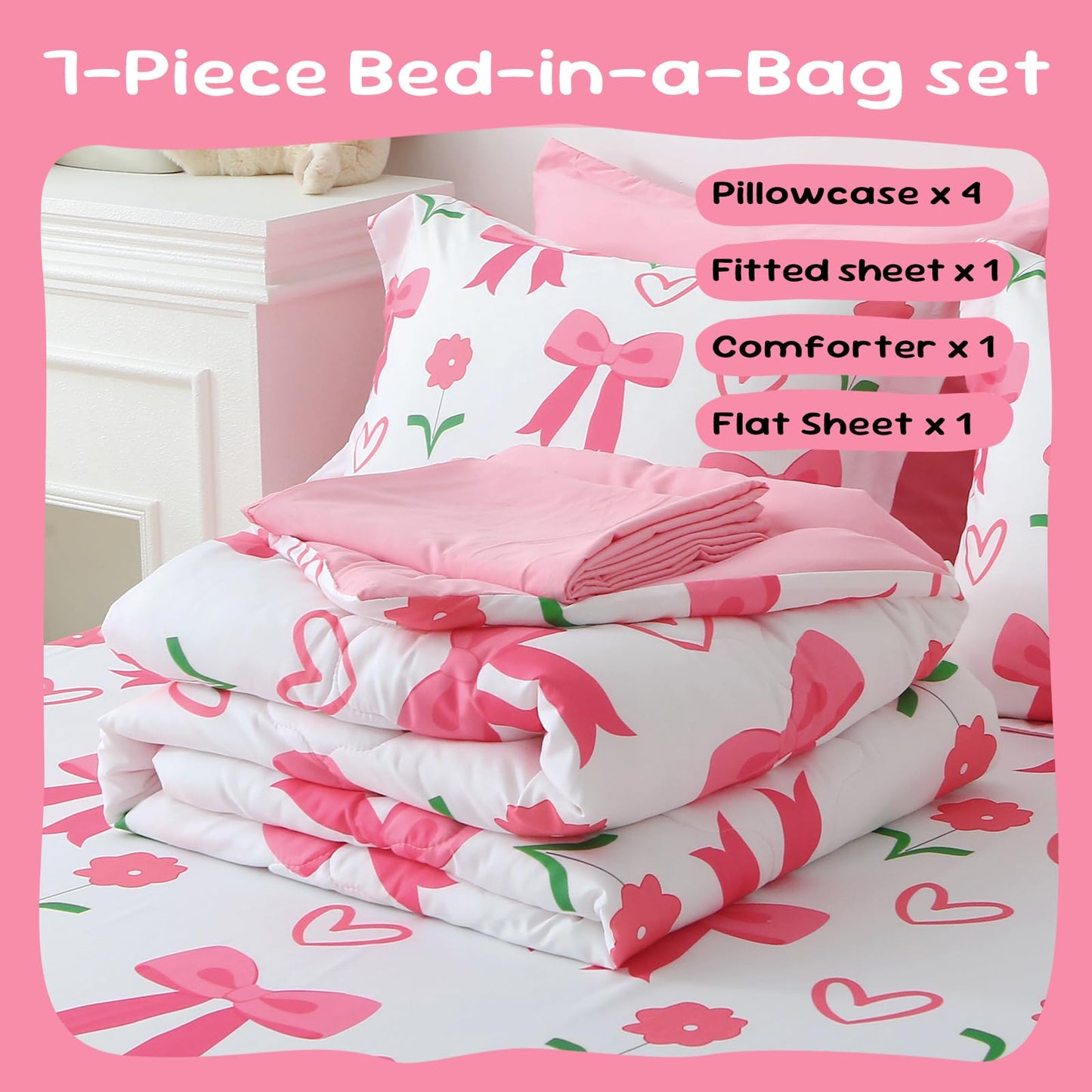 Jameswish Pink Bow Comforter 7 Pieces Comforter Set Full Size Pink Flower Bow Comforter for Girls Kids Romantic Princess Style Bow Tie Bedding Set Super Soft All Season