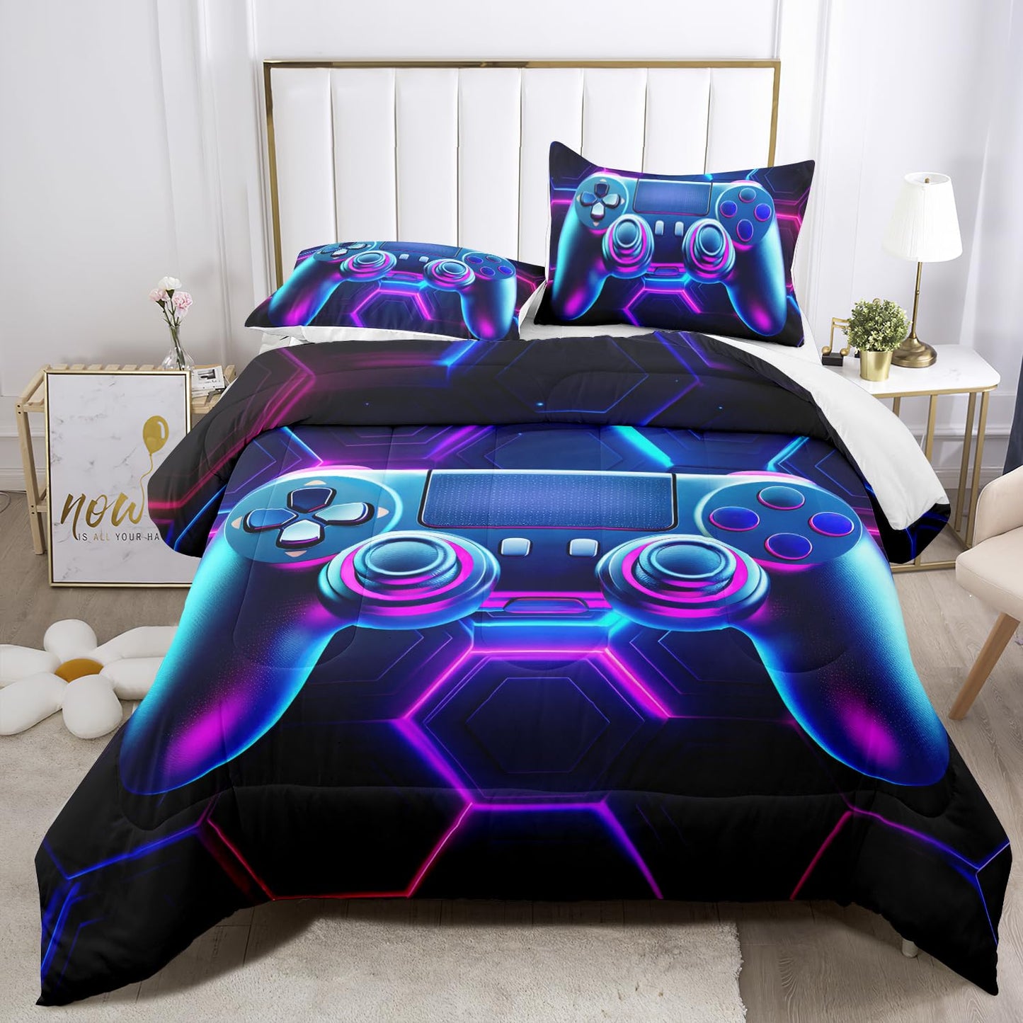 Raphus cucullatus Gaming Gamer Comforter Set for Boys Blue Gaming Quilt Gamepad Bedding Bed Set Queen Size,Video Game Decor for Boys Room