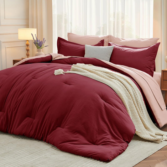 MUXHOMO 7 Pieces King Comforter Set, Soft Bed in a Bag King Size, All Season Bedding Set with Comforter, Flat Sheet, Fitted Sheet, Pillowcases & Shams, Burgundy & Rose Gold