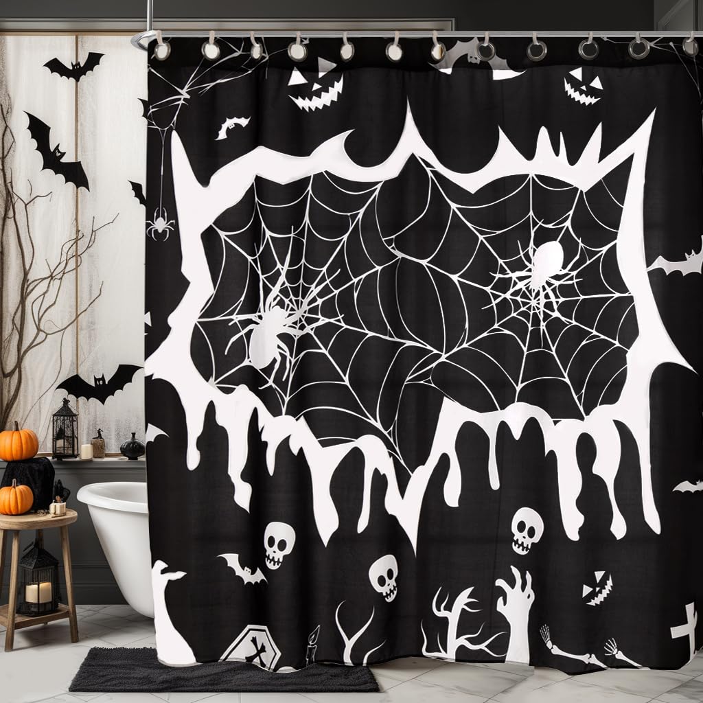 EVENHUG Halloween Shower Curtain with Hooks Waterproof Shower Curtain Set for Bathroom Halloween Theme Decorations 72x72 inch