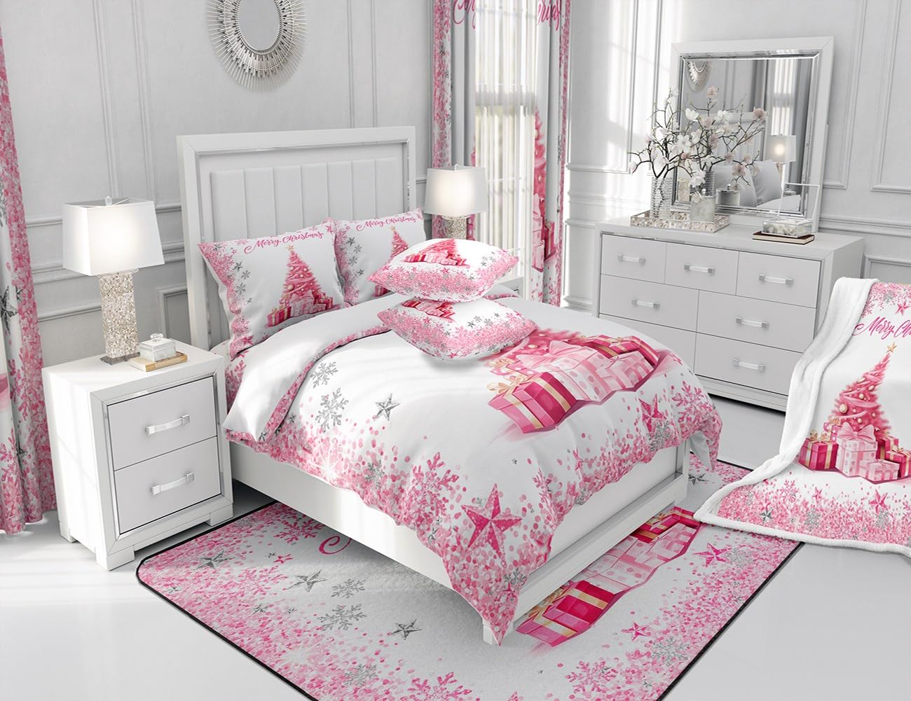 Pink Xmas Tree Duvet Cover Set Twin Size,Merry Christmas Bedding Set for Kids Girls Woman Teens Room Decor,Girly Sliver Glitter Snowflake Comforter Cover Sweet Winter Style Quilt Cover,1 Pillowcase
