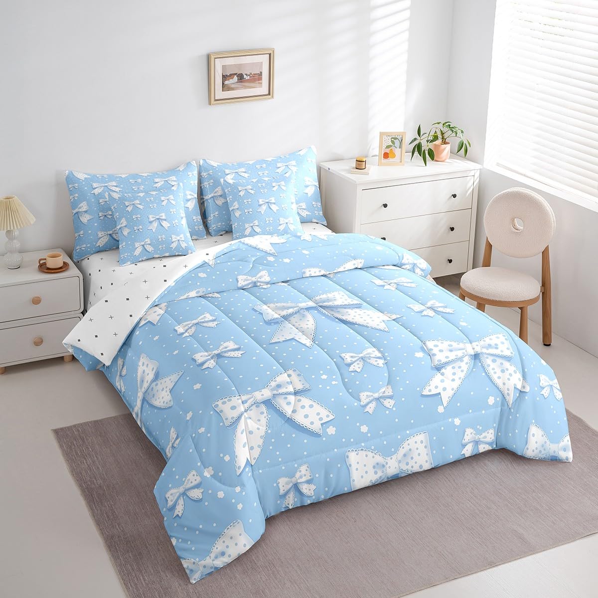 Erosebridal Cute Bowknot Bedding Set Twin Size 7 Piece Bed in a Bag, Simple Polka Dots Bed Set, Cartoon Bows Printed Kids Adults Room Decor Bedding Bed Sets, Blue White Kawaii Bed Sheets Set