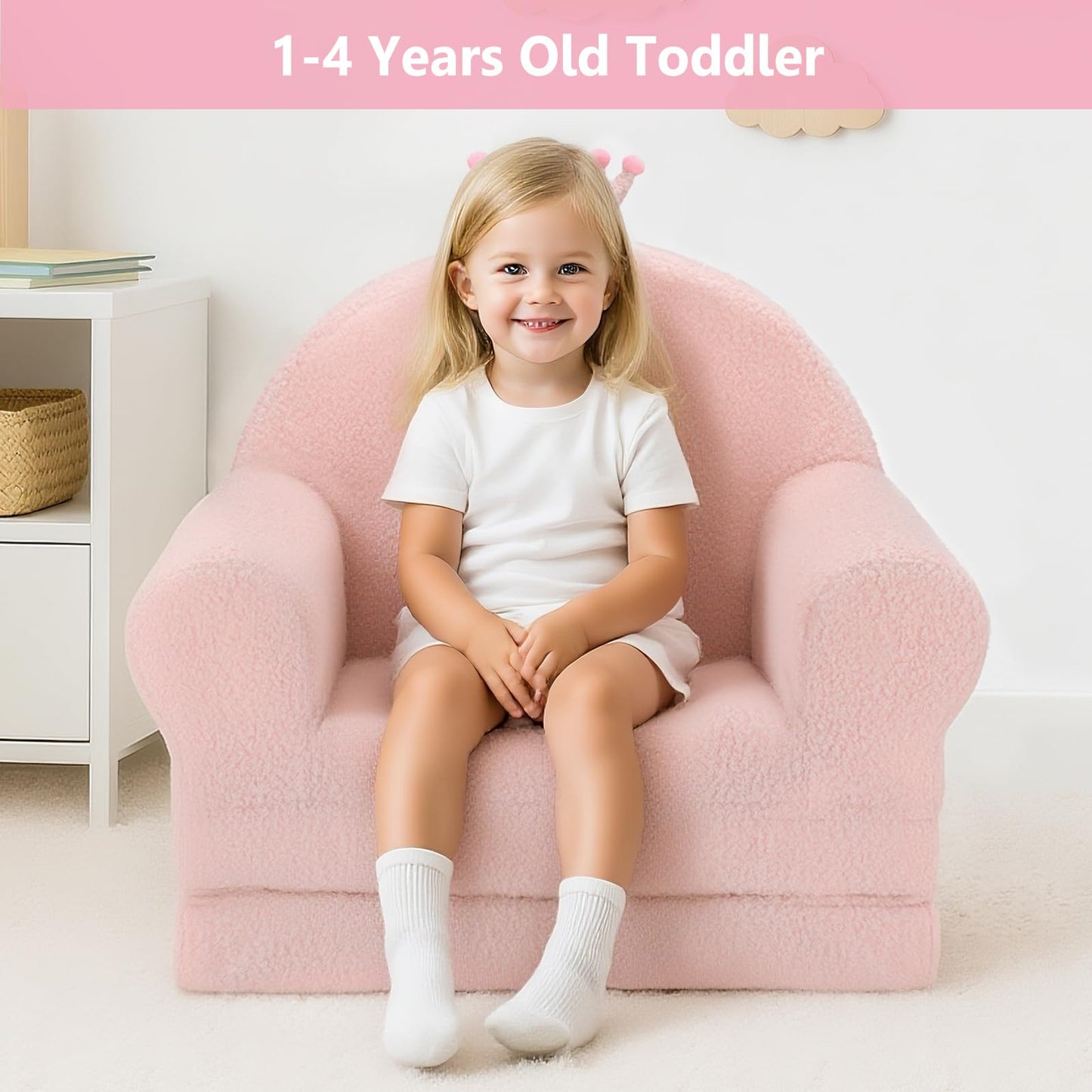 MONKISS Princess Toddler Chairs Comfy, 2-in-1 Fold Out Kids Sofa Bed, Cozy Toddler Couch, Baby Lounge Chair, Soft Mini Couch for Kids, 1-4 Years Old, SF05, Pink Crown