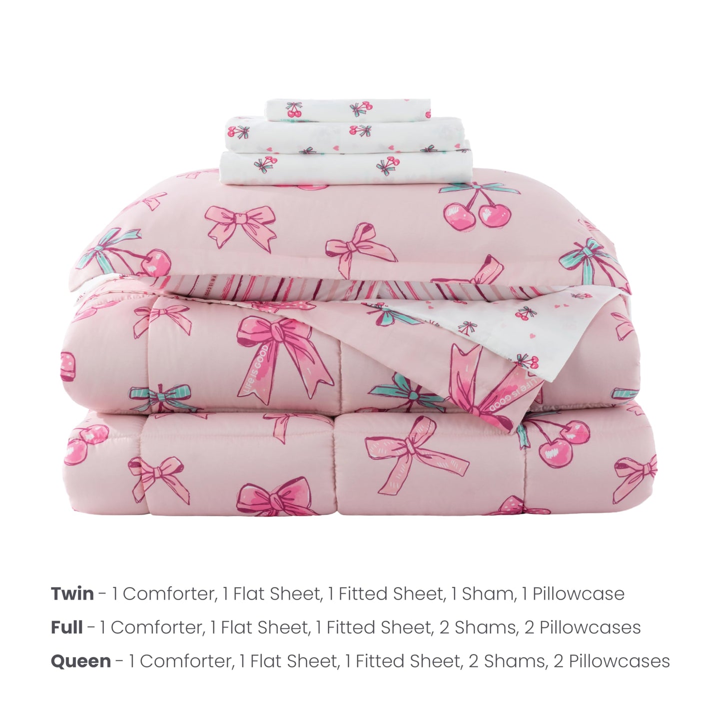 Berkshire LIG Printed Reversible Microfiber Comforter Set–7-Piece, Ultra Soft All-Season Bedding, Wrinkle & Fade Resistant, Queen, Cherry Bows Blush