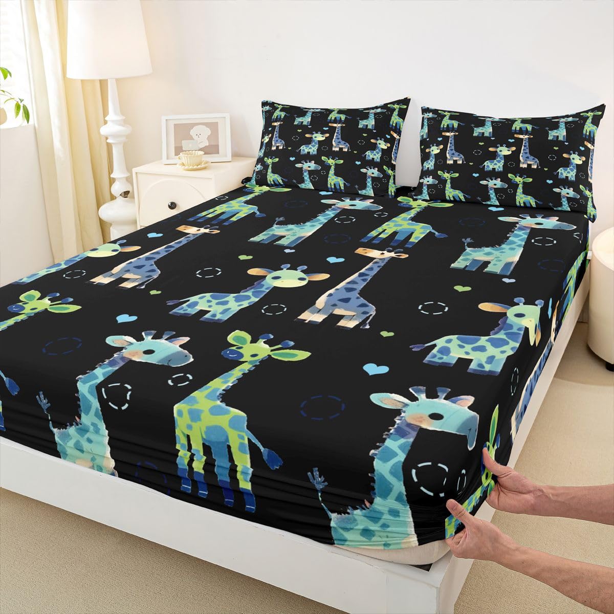 Erosebridal Giraffe Bed Sheets Full Black and Green Sheet Set for Kids Boys Girls Cartoon Kawaii Sheets Geometric Circle Wild Animal Flat Fitted Sheet 3 Pcs