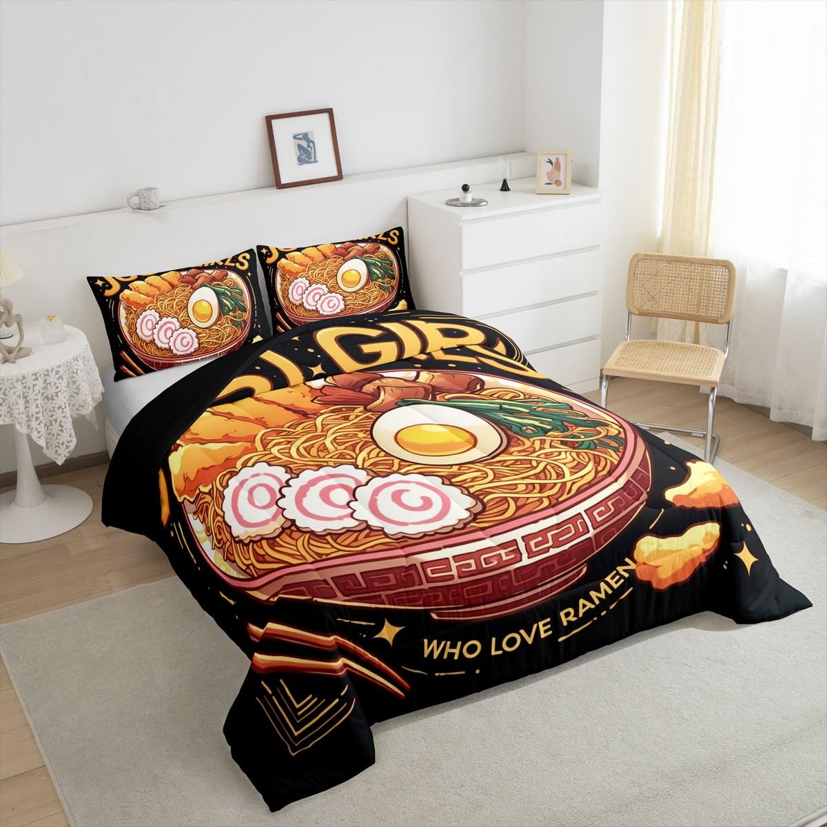 Erosebridal Japanese Ramen Bedding Set Queen,Ramen Noodle Comforter Set Funny Gifts for Kids Teens Adults,Anime Style Quilt Bed Set Food Theme Bedding Comforter Sets with 2 Pillowcases Room Decor