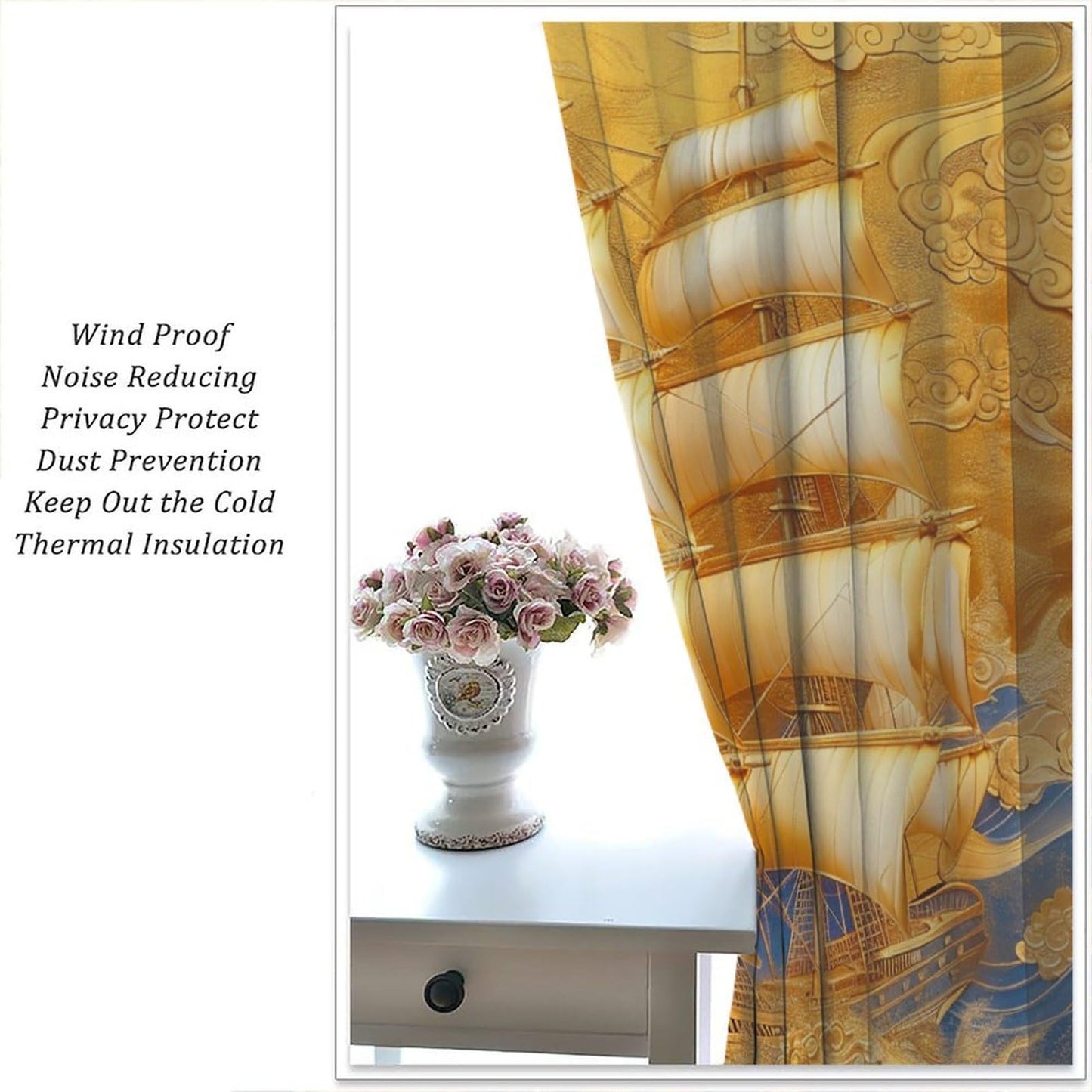 TOWINSFB Classic Chinese Style Sailboat Blackout Curtains for Living Room Bedroom, Luxury Golden Ship Ocean Window Curtains Rod Pocket Thermal Insulated Window Drapes, 2 Panels, Each 21W x 45L